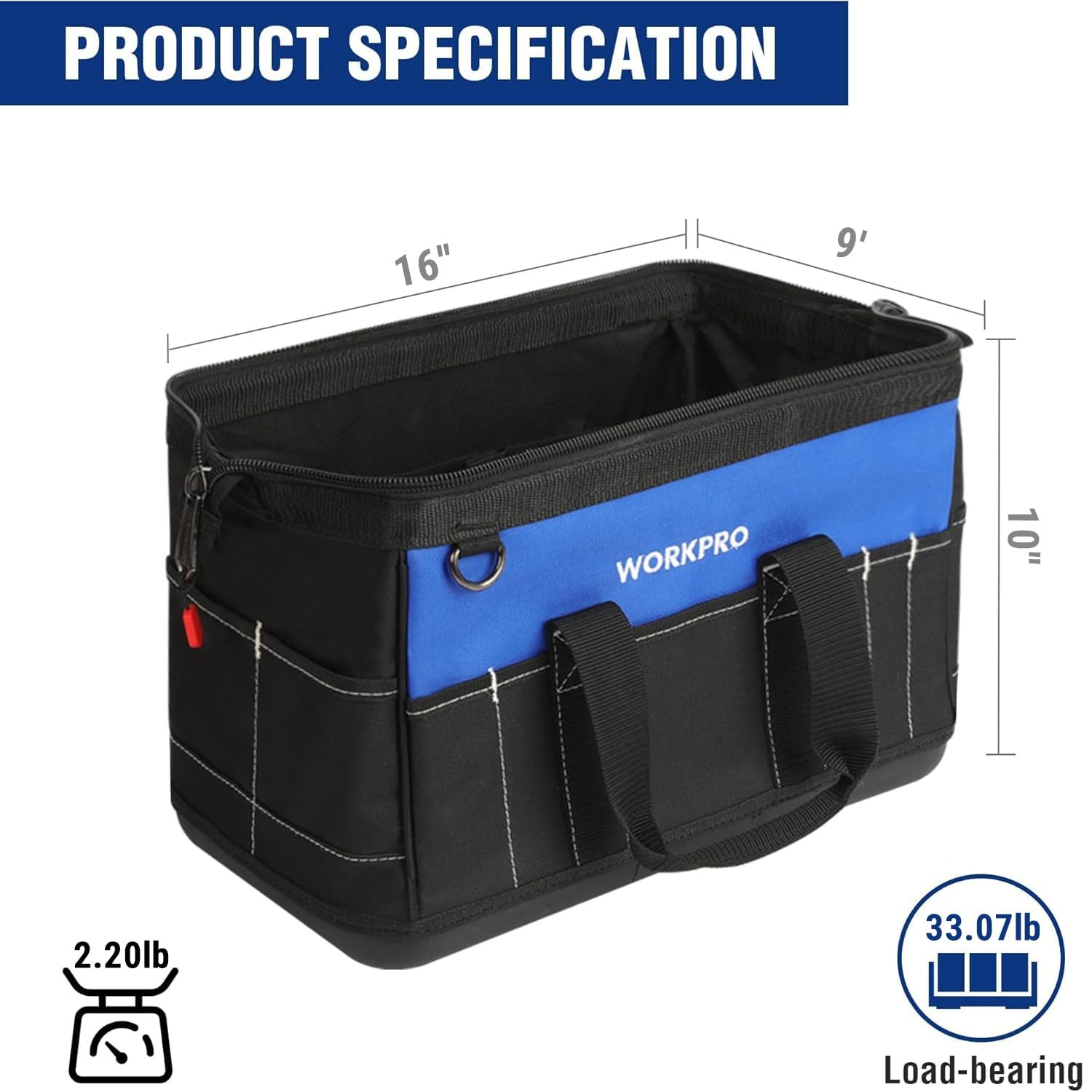 WORKPRO 16 inch Wide Mouth Tool Bag with Water Proof Molded Base Multi Pocket