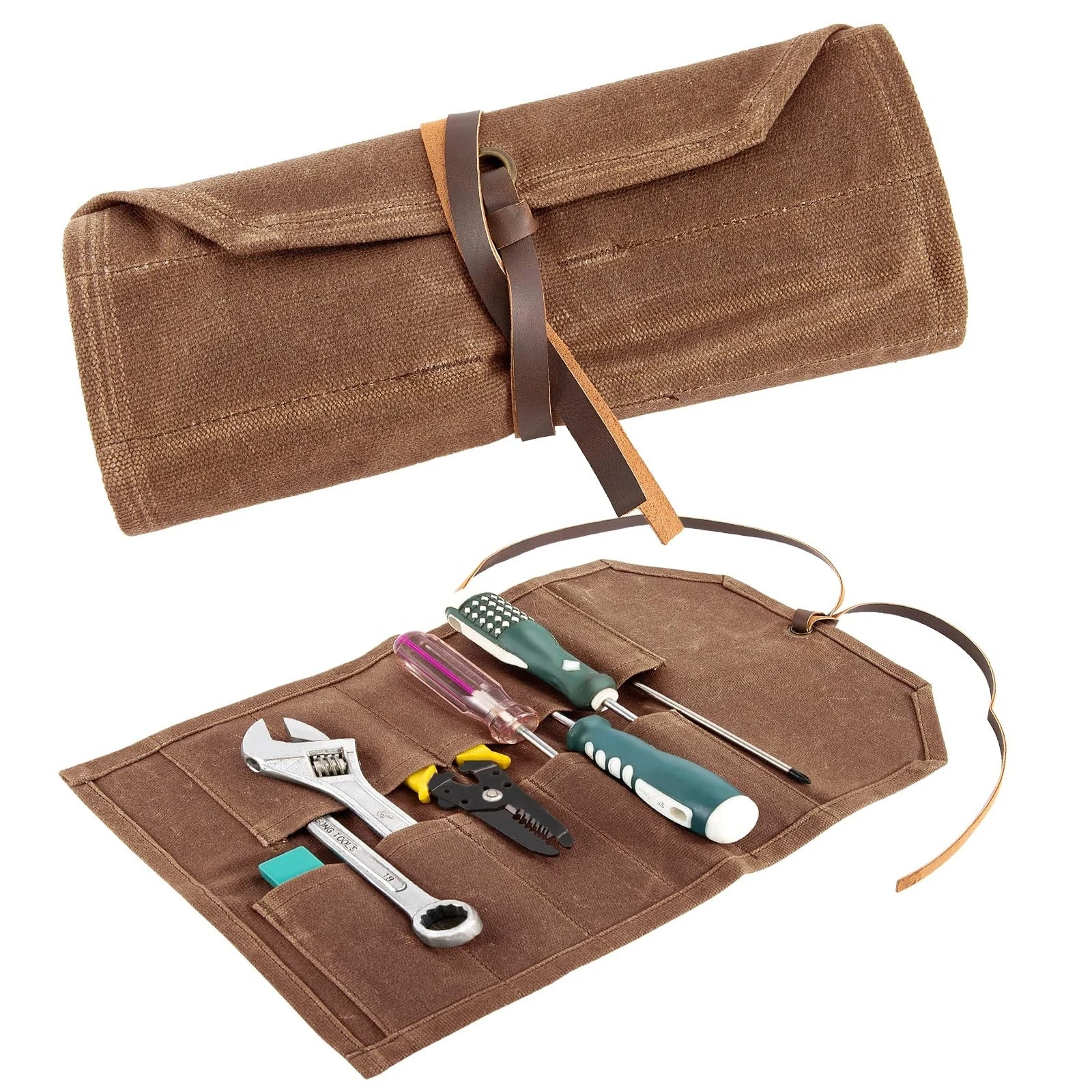 Tool Roll,10Slots Tool Roll Up Pouch,Heavy Duty Waxed Canvas Tool Roll Bag,Ch…