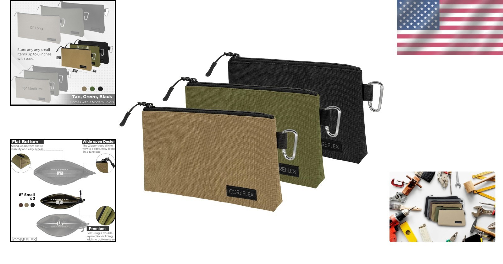 Compact Flat Bottom Tool Pouch Set – 3x YKK Zipper Storage Bags for Organizing