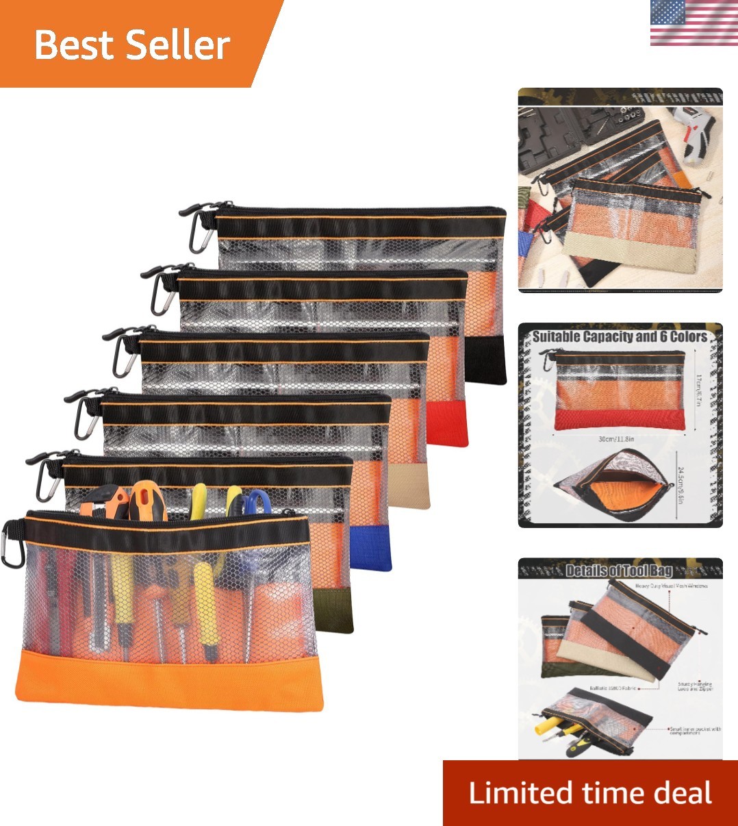 Multicolor Tool Pouches 11.8″ – Heavy-Duty Mesh Zipper Bags for Organization