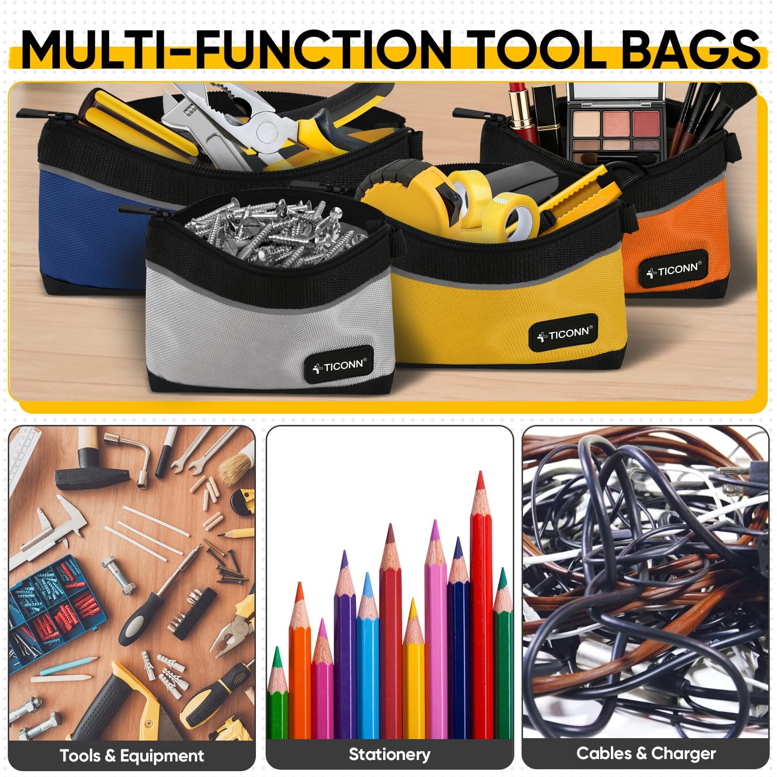 TICONN Tool Pouches with Zipper, 1680D Colored, 9 Pack Combo, Multicolored