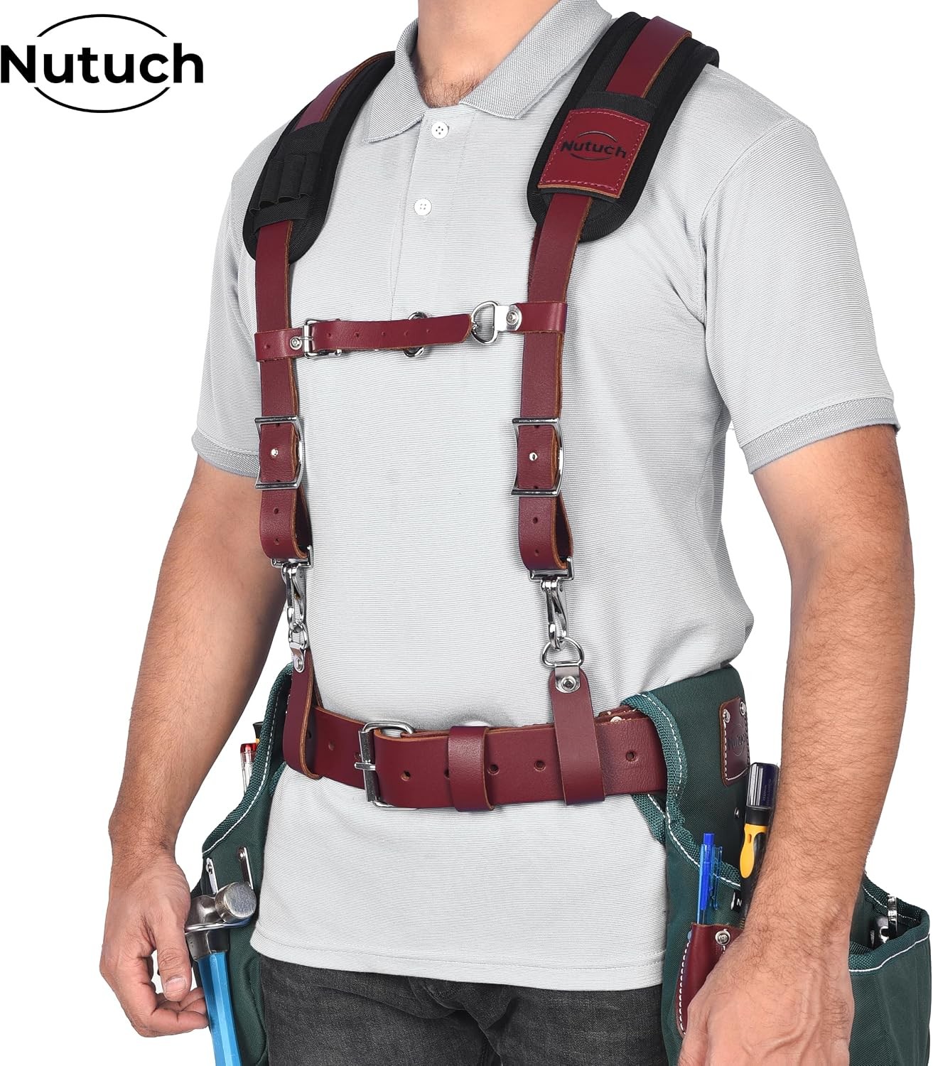 Leather Work Suspenders With Pockets Adjustable Padded