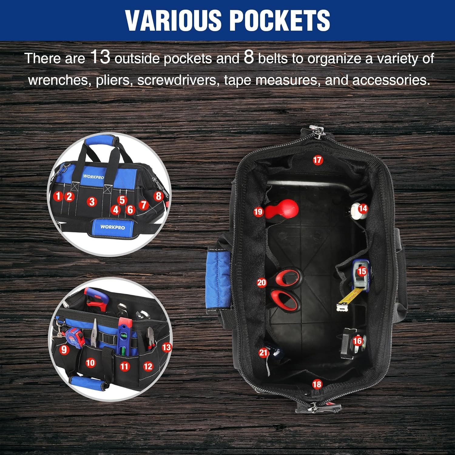 WORKPRO 16-inch Wide Mouth Tool Storage Bag w/Water Proof Molded Base 22 Pockets