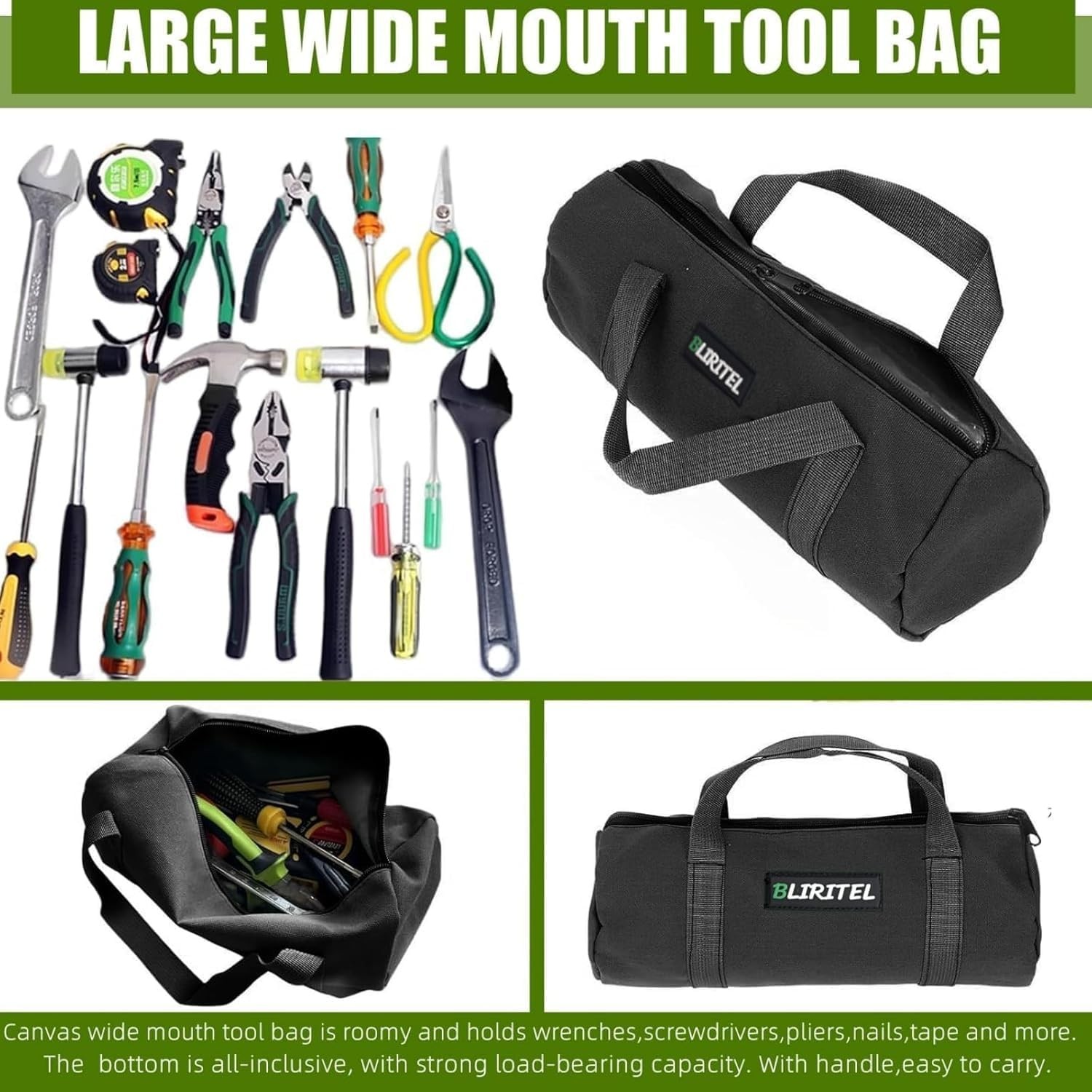 14 Inch Small Tool Bag for Men, Large Capacity Wide Mouth Tool Bag, Canvas Tool