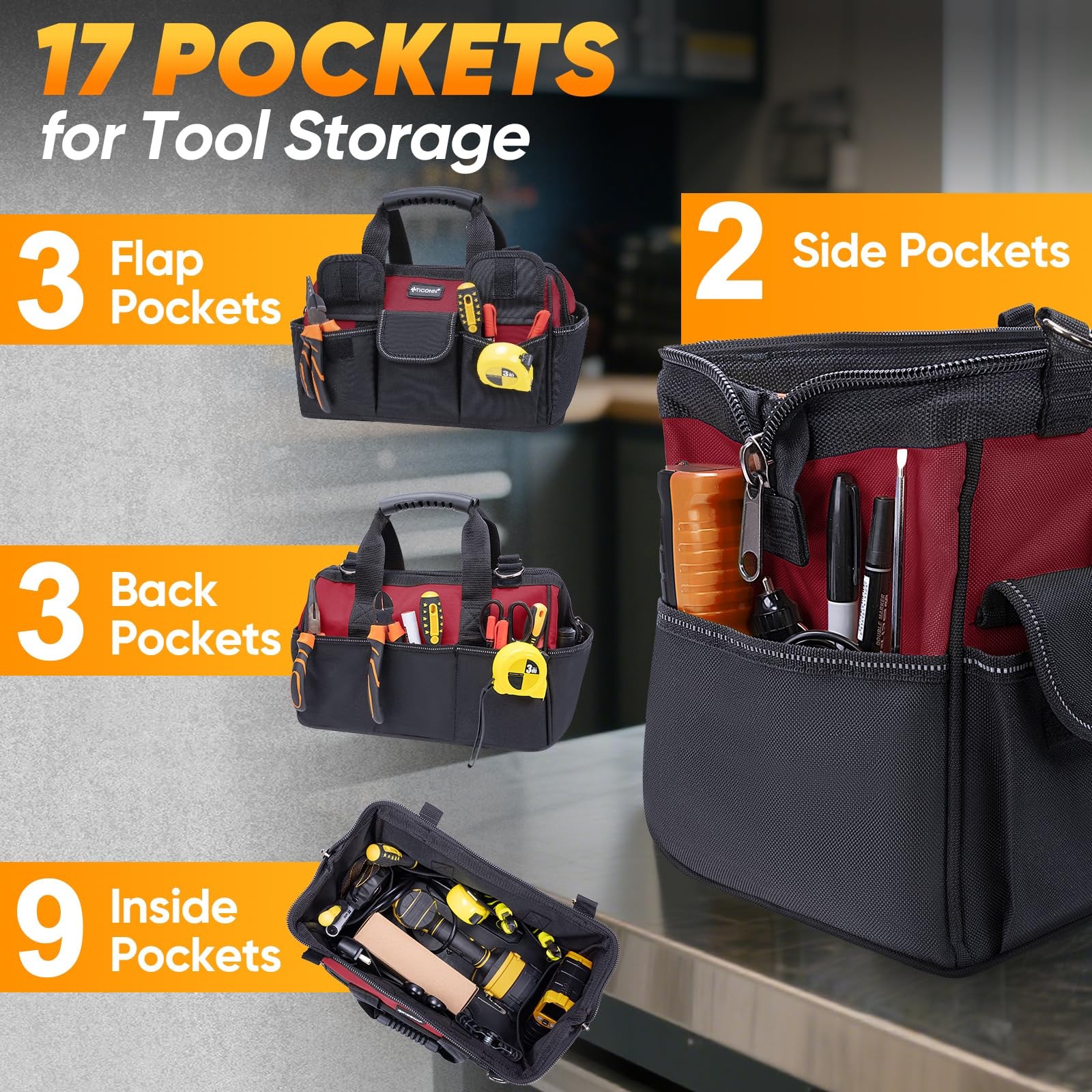 Heavy Duty Tool Bag with Multi-Pockets, Portable Tool Box Organizer Storage B…