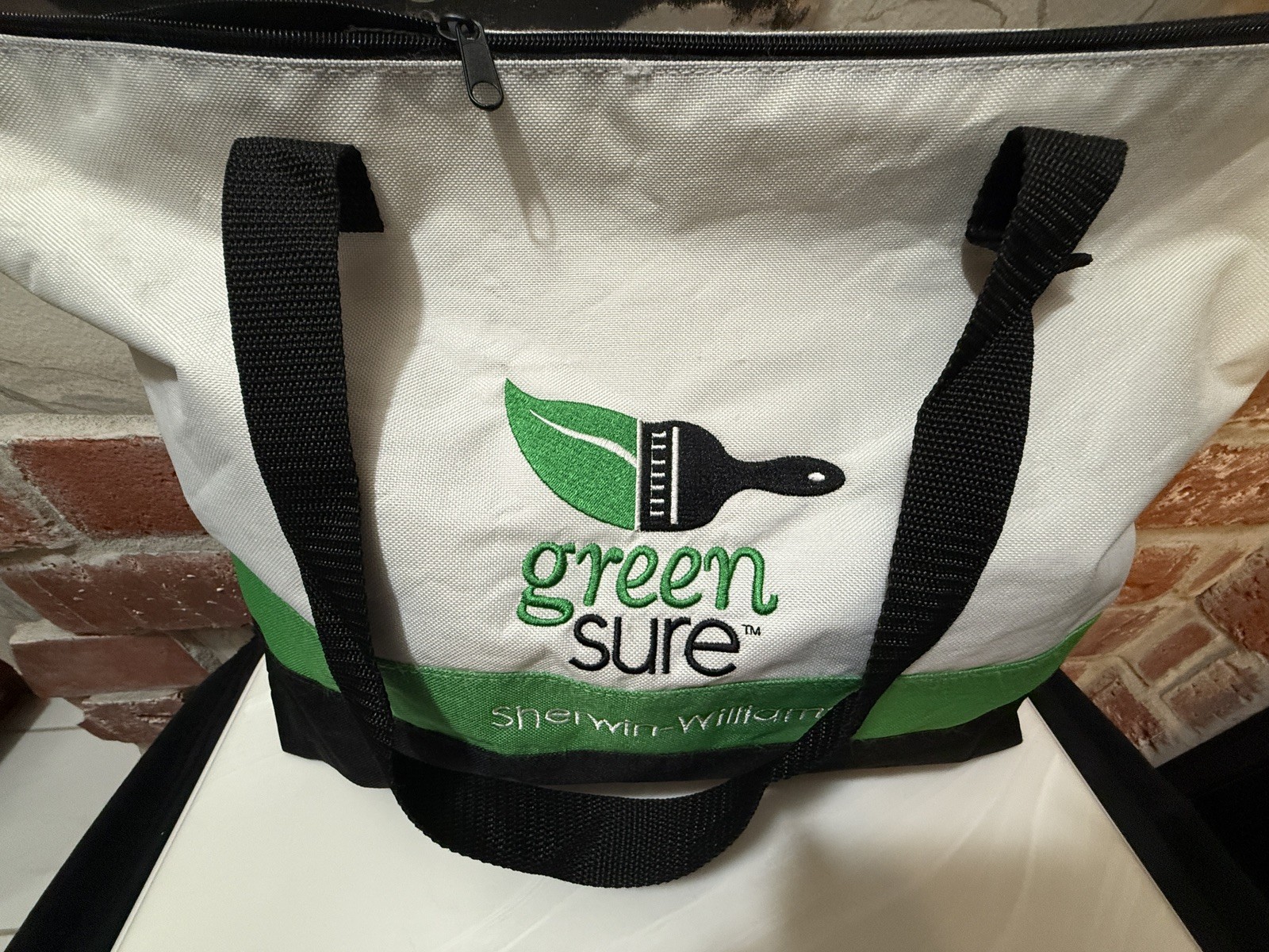 Sherwin Williams Empty White/Green/Black Canvas Tote Bag GREEN SURE Embroidered