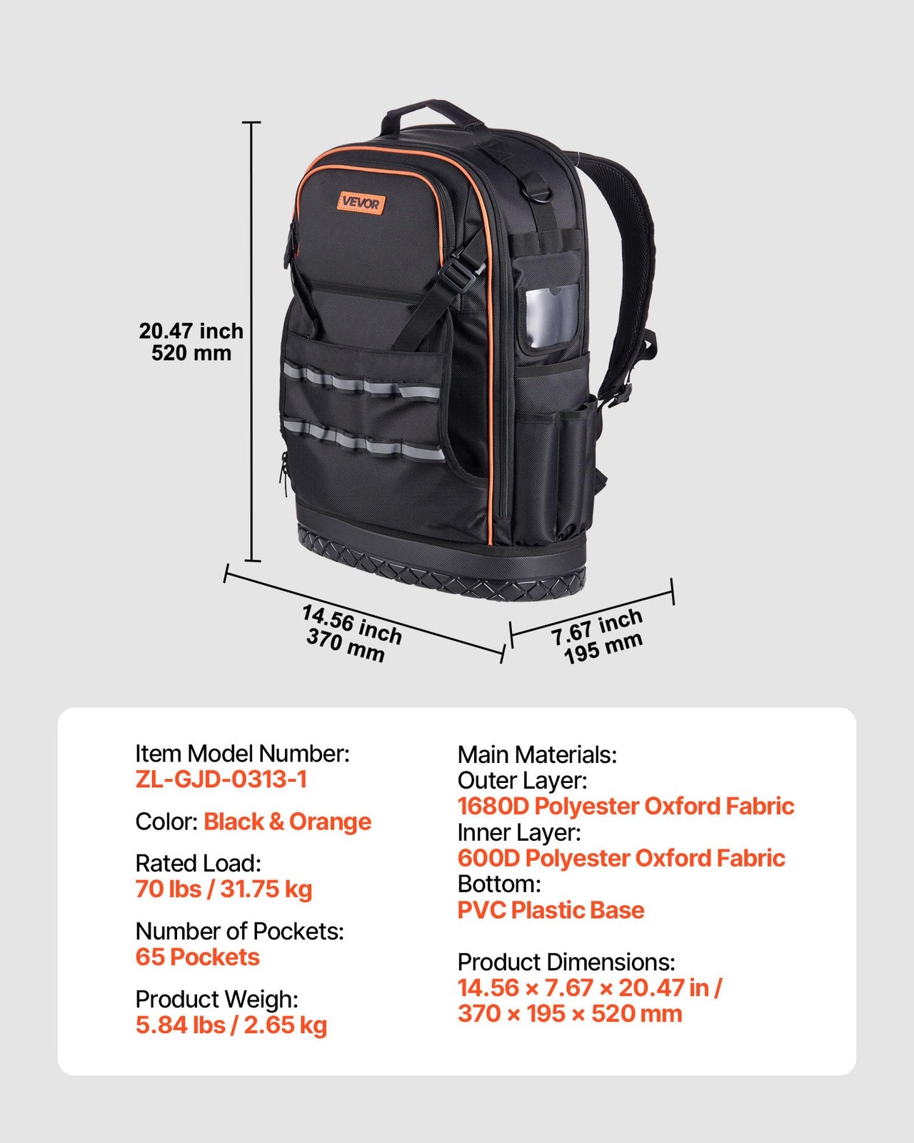 VEVOR Tool Backpack, 65 Pockets, Heavy-duty 65 Pockets + Non-Rolling, Black