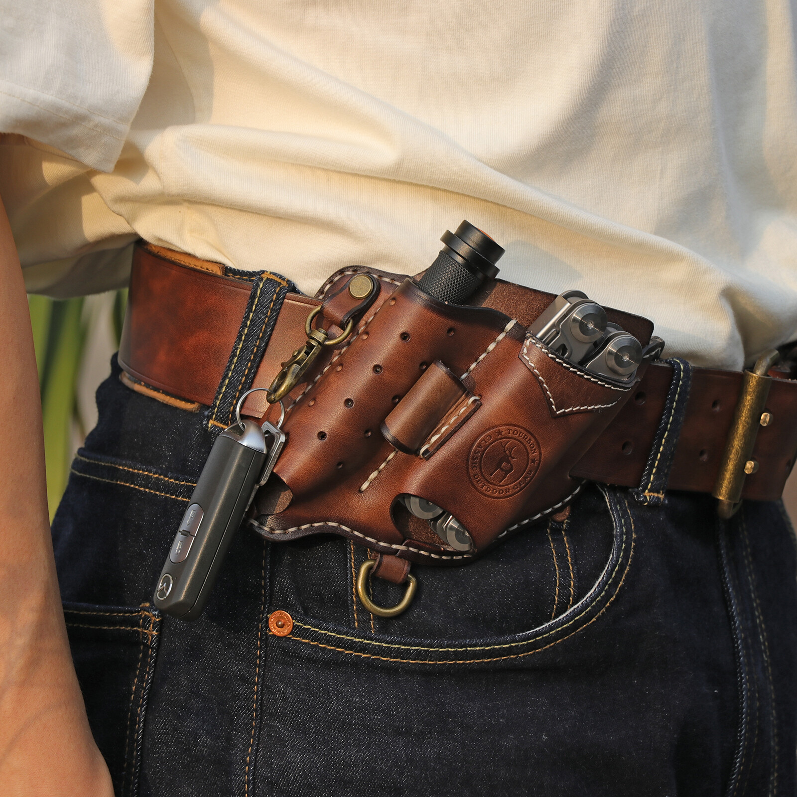 TOURBON EDC Multitool Sheath Flashlight/Key Fob/Pen Belt Holster Camping Gift
