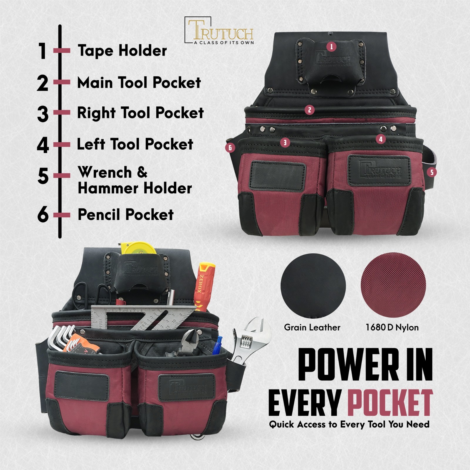 TRUTUCH Nylon and Leather Tool Belt | 1680 D Nylon Tool Pouch | Framing Tool Bag