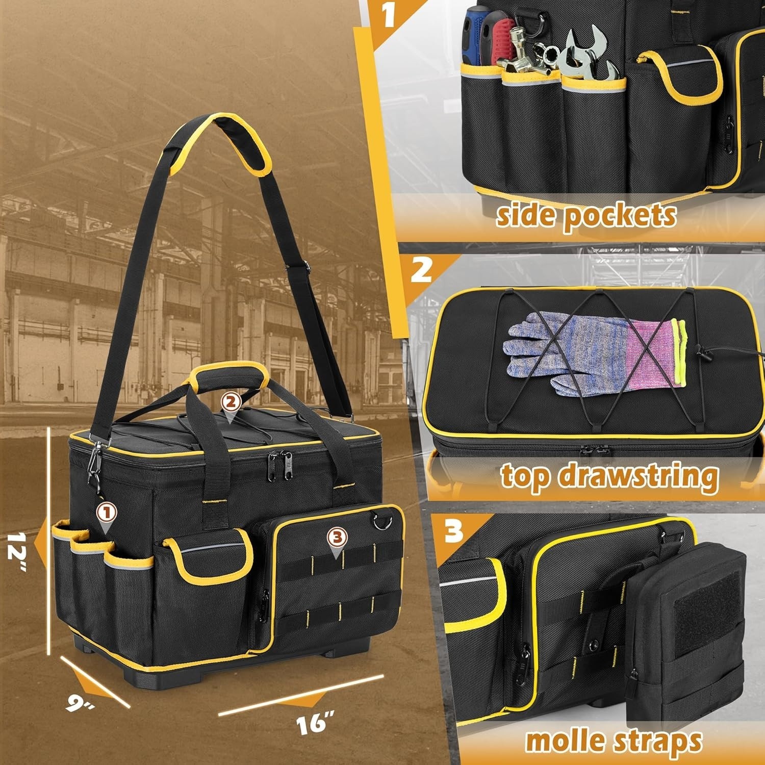 16-inch Tool Bag with Hard Bottom and a Detachable Divider, Heavy Duty