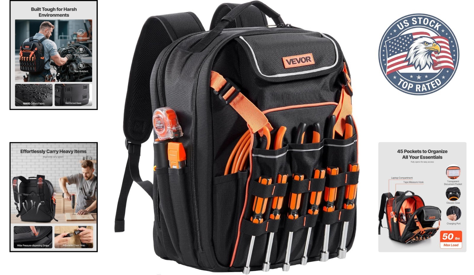 Ergonomic Jobsite Tool Backpack: 45 Pockets, Reflective Strips & Reinforced Base