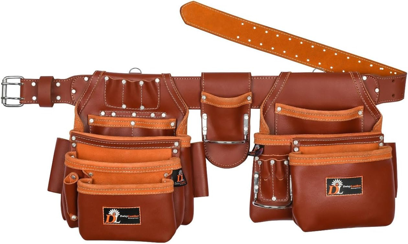 Daisy Pro Leather Tool Belt – 28 Pockets, Padded, Fits 30-52″ Waist, Cherry
