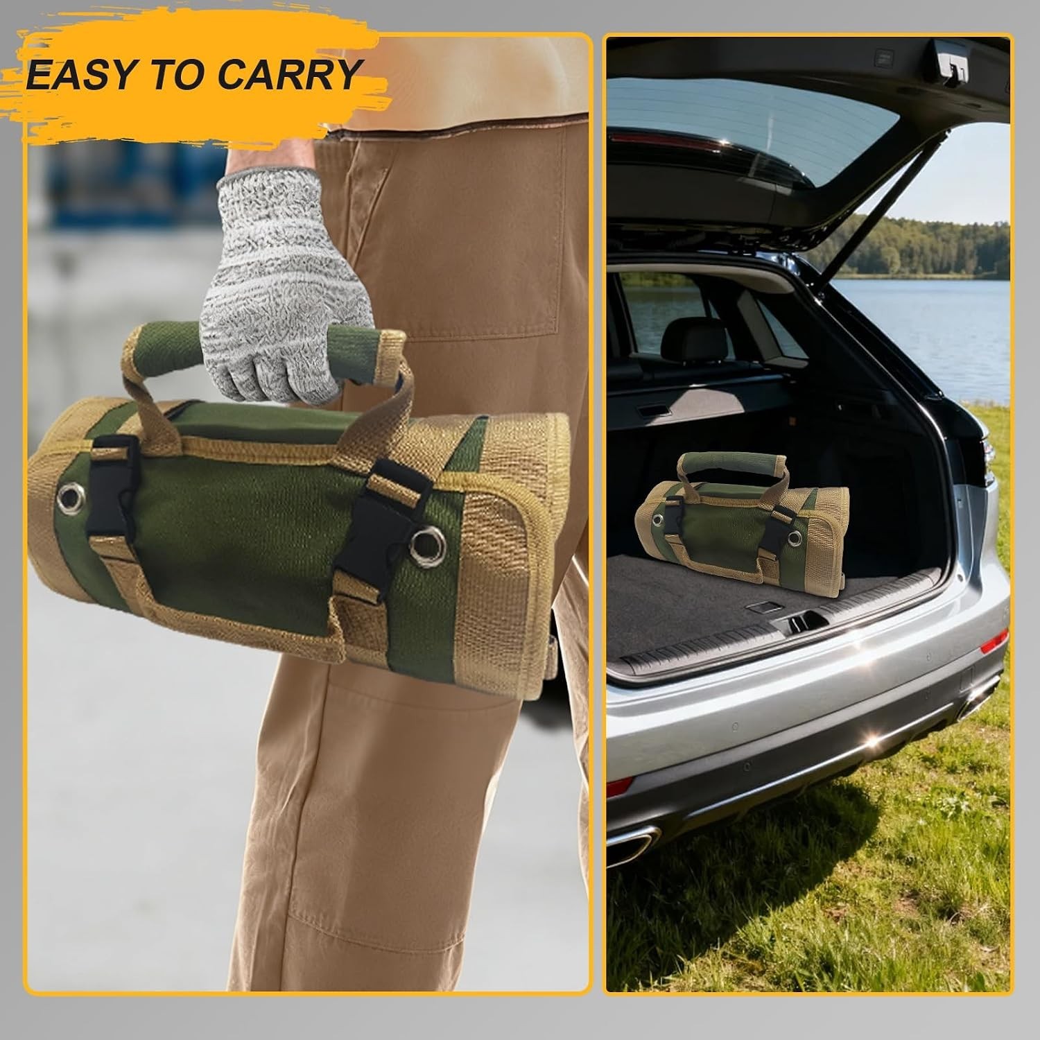 Roll Up Tool Bag, Heavy Duty Oxford cloth 4 compartments + 2 detachable pouches