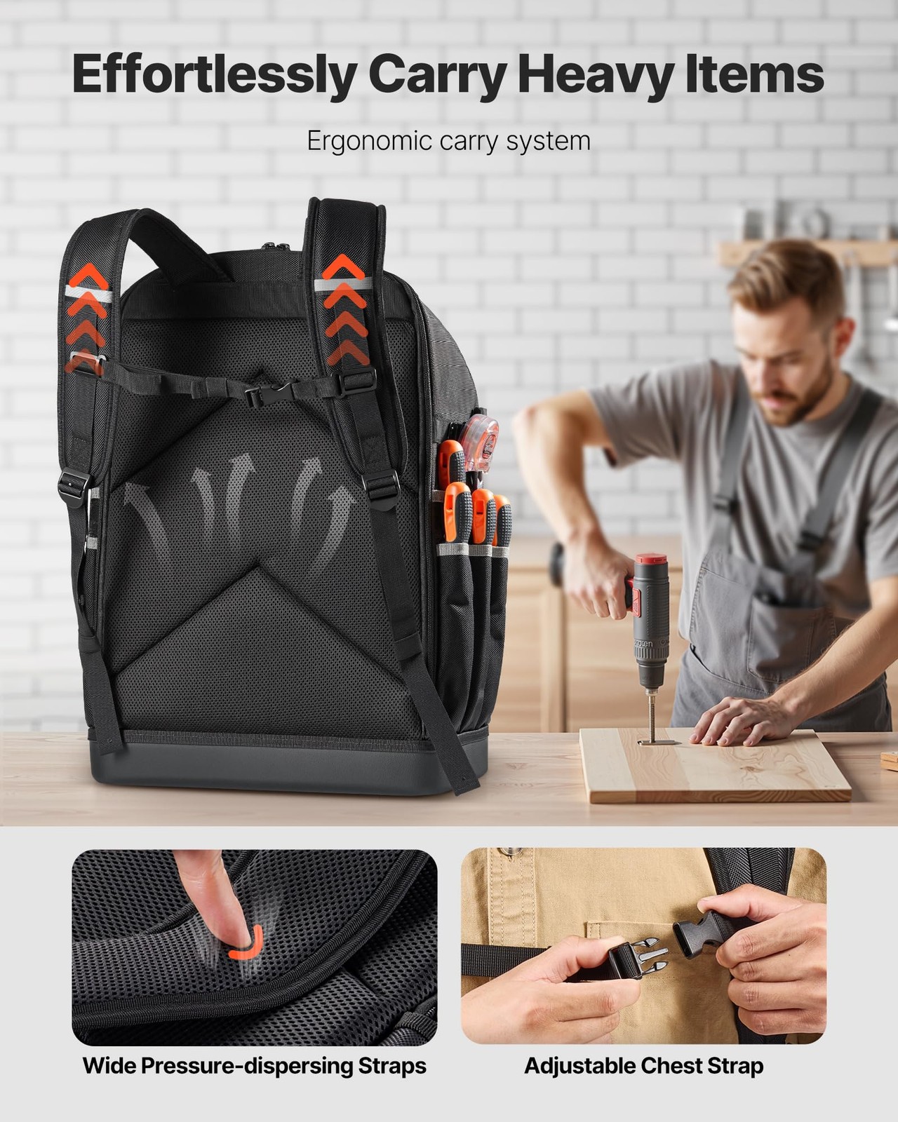 VEVOR Tool Backpack, 56 Pockets, Heavy-duty Tools Storage 56 Black