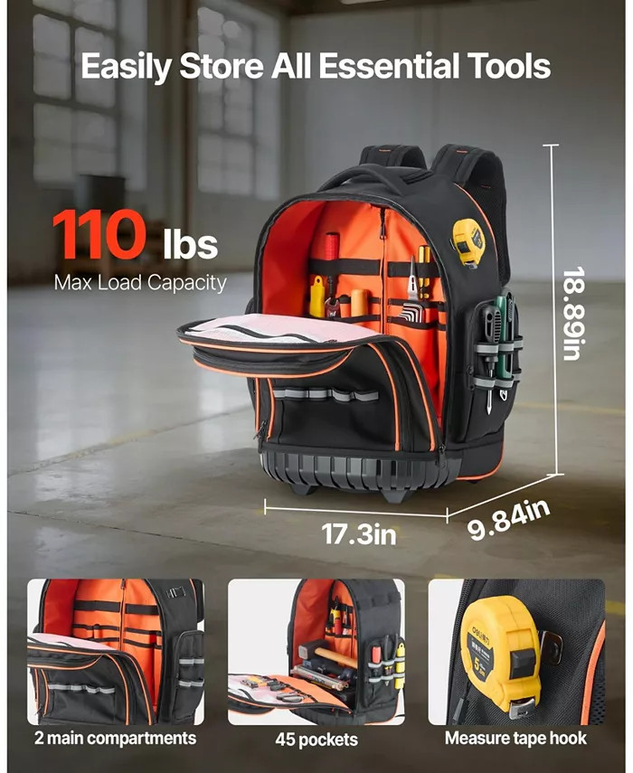 Rolling Tool Backpack on Wheels, 110 Lb Capacity, 45 Pockets, Heavy-Duty Tool Or