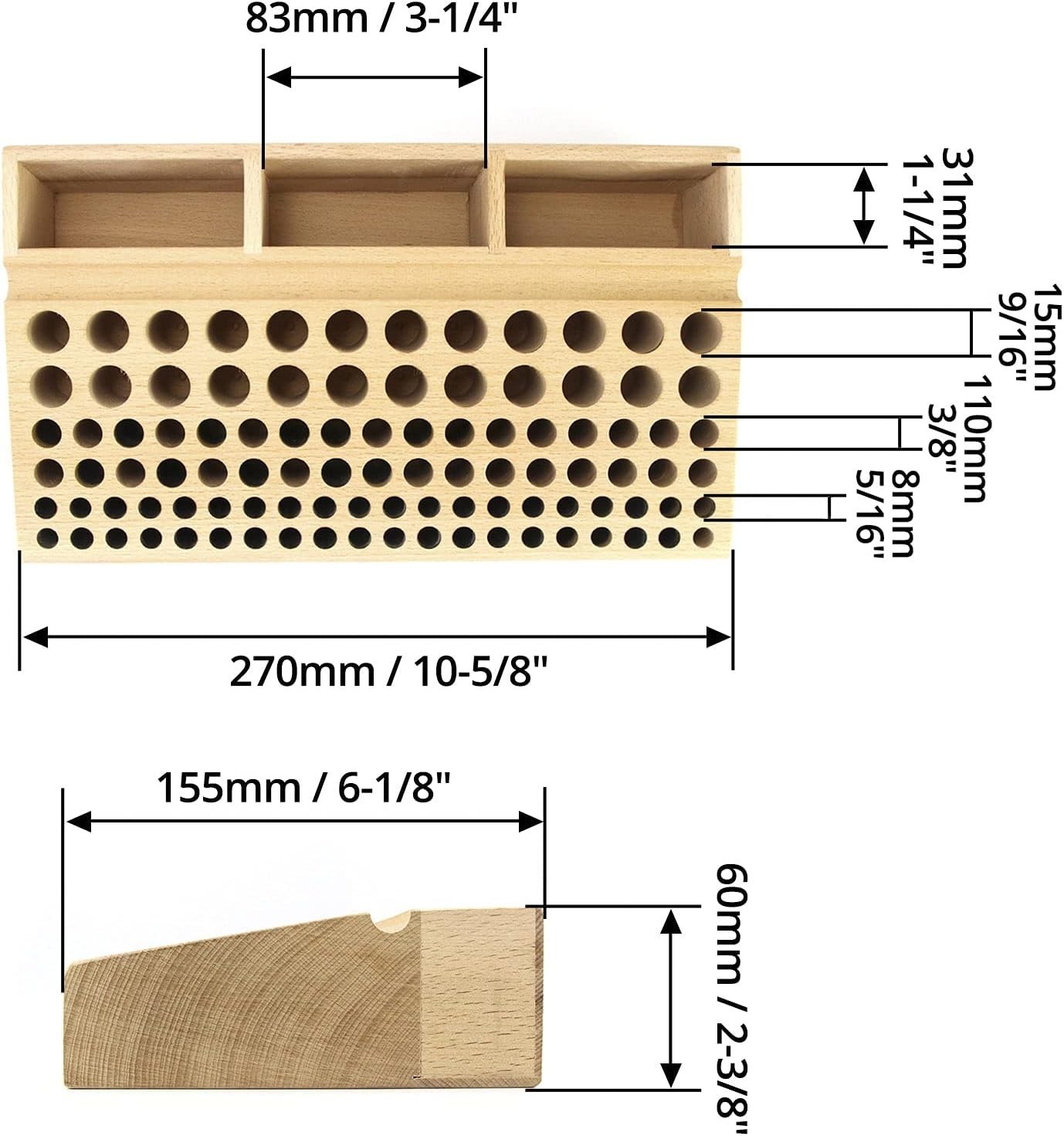 Versatile Leatherworking Tool Organizer with 98 Holes and 3 Slots – Beech Wood