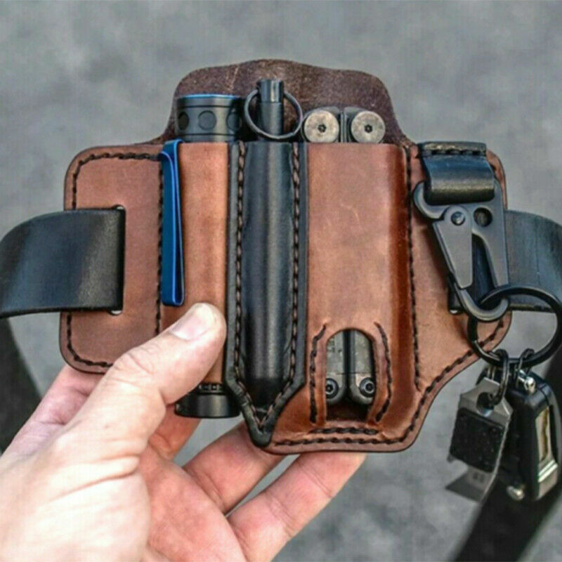 Leather Sheath Pocket Organizer Multi Tool Storage Belt Waist Bag for Camping
