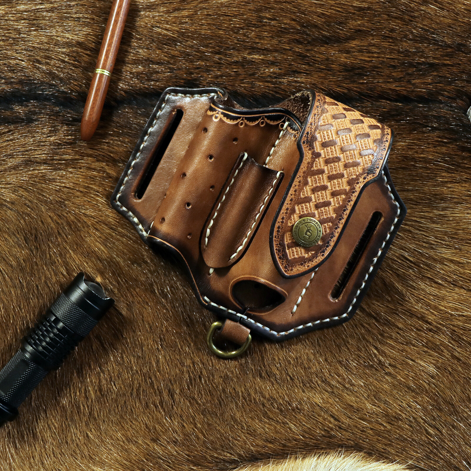 TOURBON Leather Knife Sheath EDC Plier Belt Holder Pouch Flashlight Tool Holster