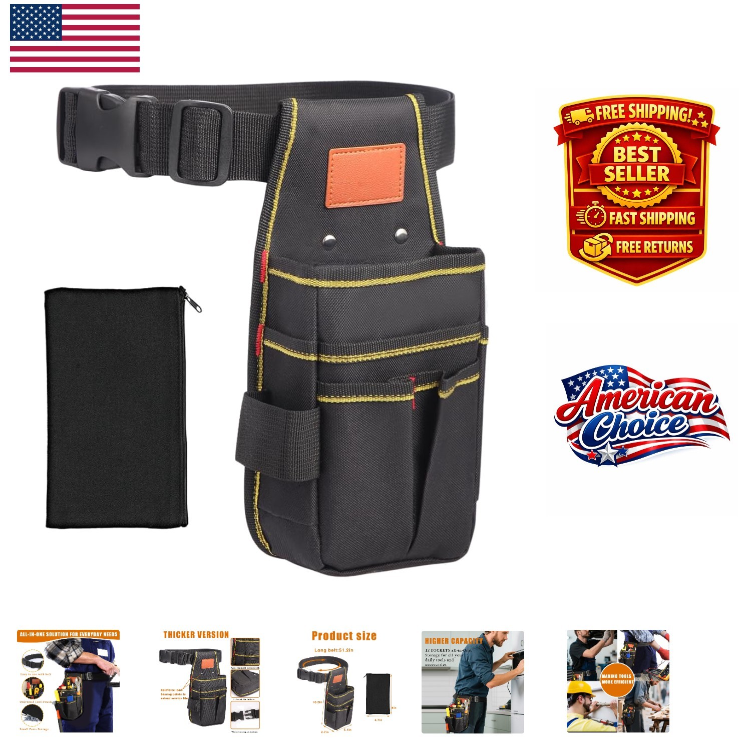 Heavy-Duty Tool Pouch with Belt – 12 Pocket Organizer for Pros (10.2in x 5.5in)