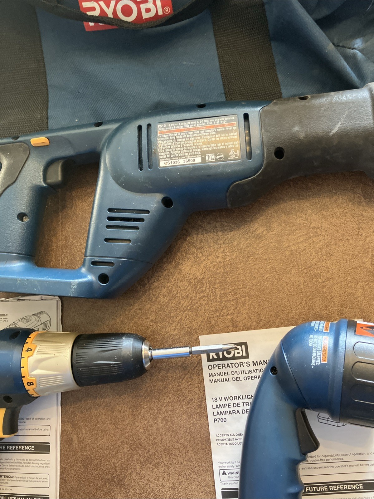 Ryobi Power Tools Drill, Reciprocating Saw & Contractors Bag. TESTED AND WORKS