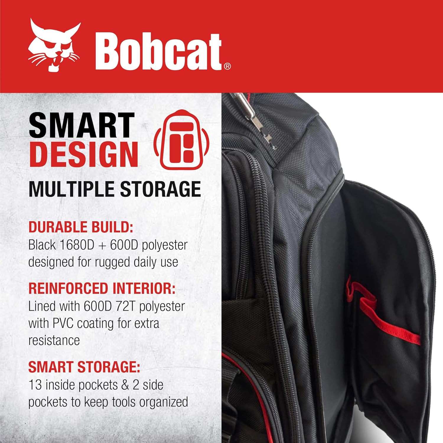 Bobcat 2-In-1 Rolling Tool Bag with Organizer & EVA Pocket – Premium Tools Backp