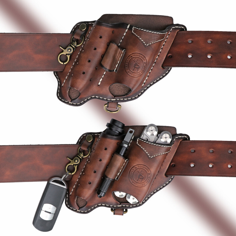 Leather Camping EDC Multitool Pouch Flashlight Holder Knife Belt Holster-TOURBON