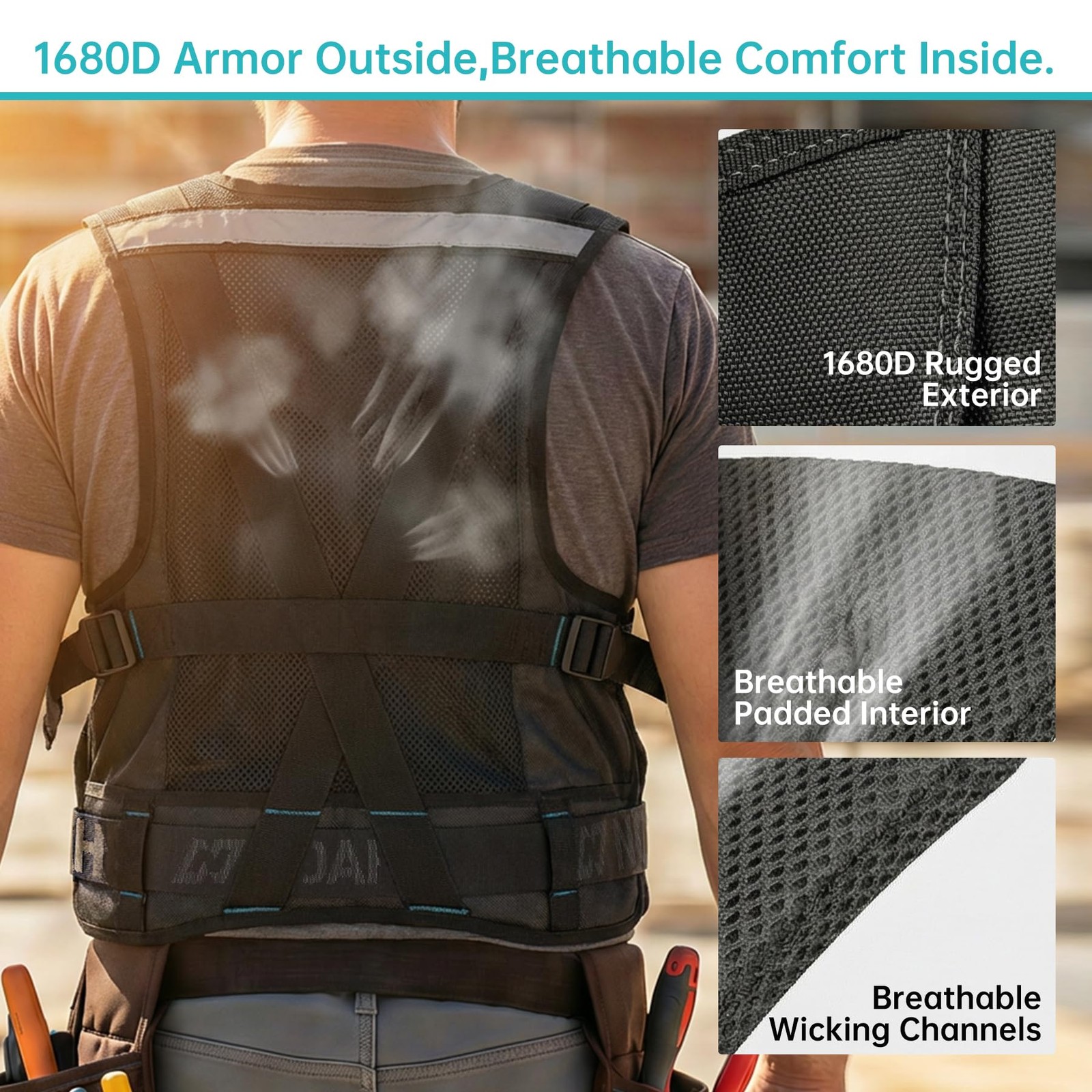 Heavy-Duty Tool Vest for Men, Adjustable Size, 1680D Ballistic Fabric, Breath…