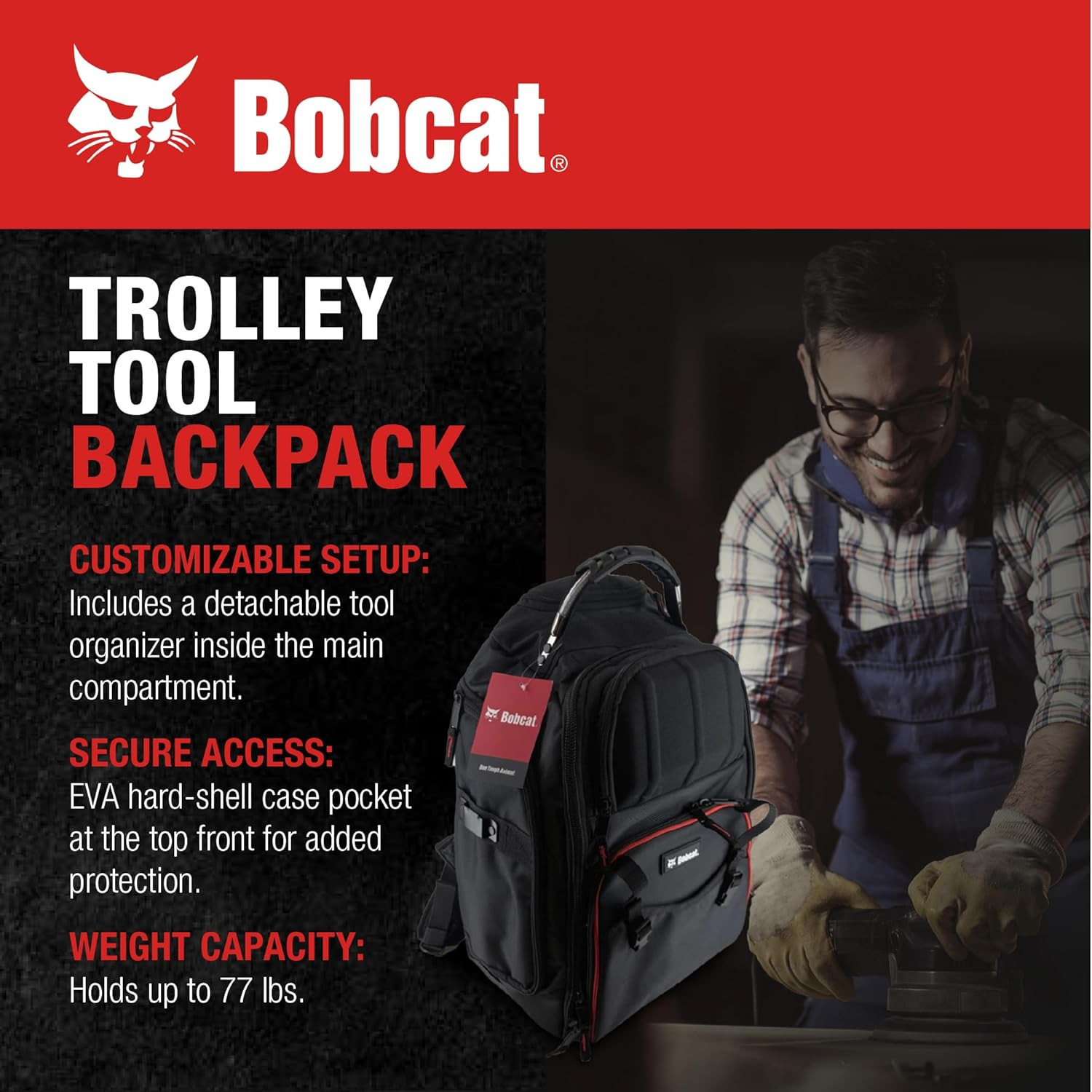 Bobcat 2-In-1 Rolling Tool Bag with Organizer & EVA Pocket – Premium Tools Backp
