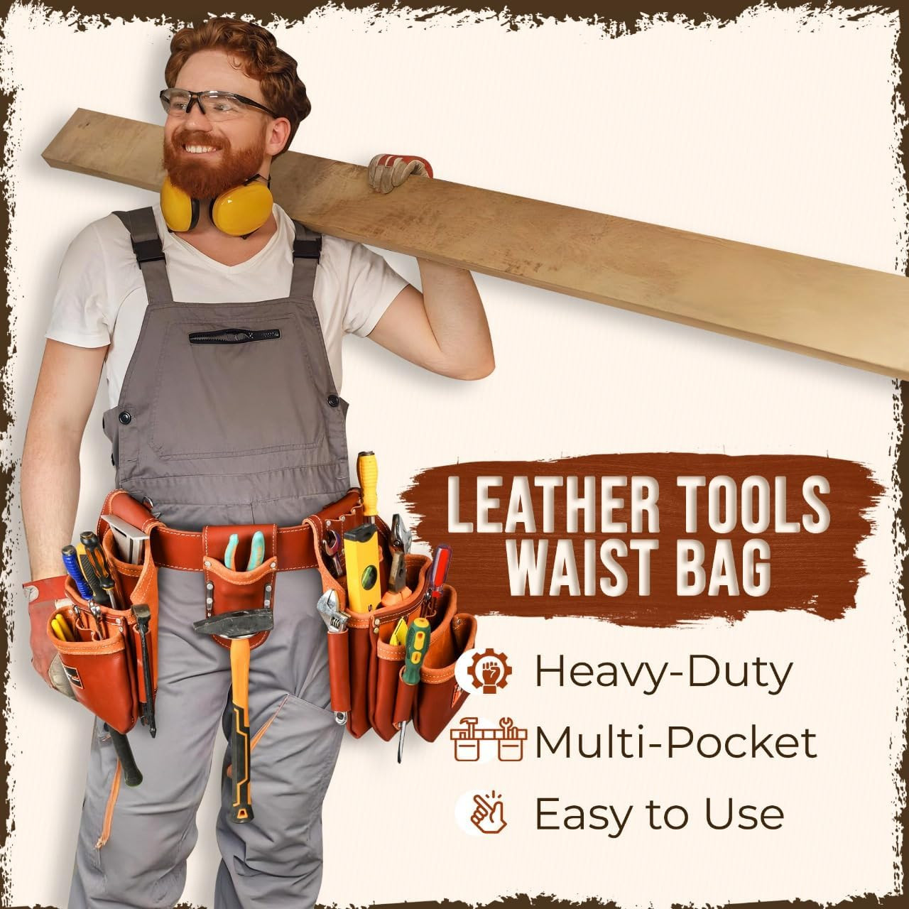 Daisy Pro Leather Tool Belt – 28 Pockets, Padded, Fits 30-52″ Waist, Cherry