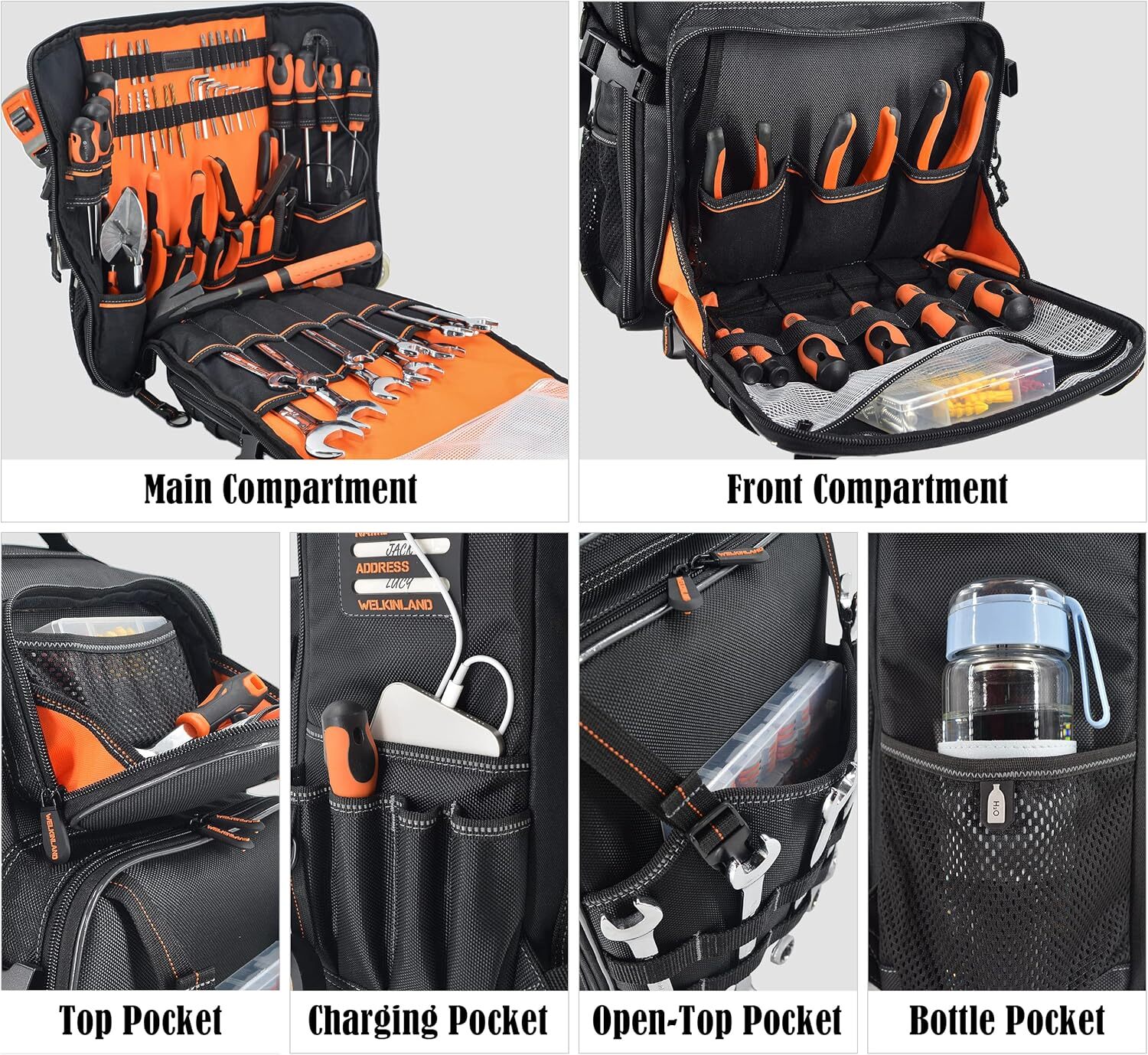 WELKINLAND full opening tool backpack, tool bag backpack, tool backpacks
