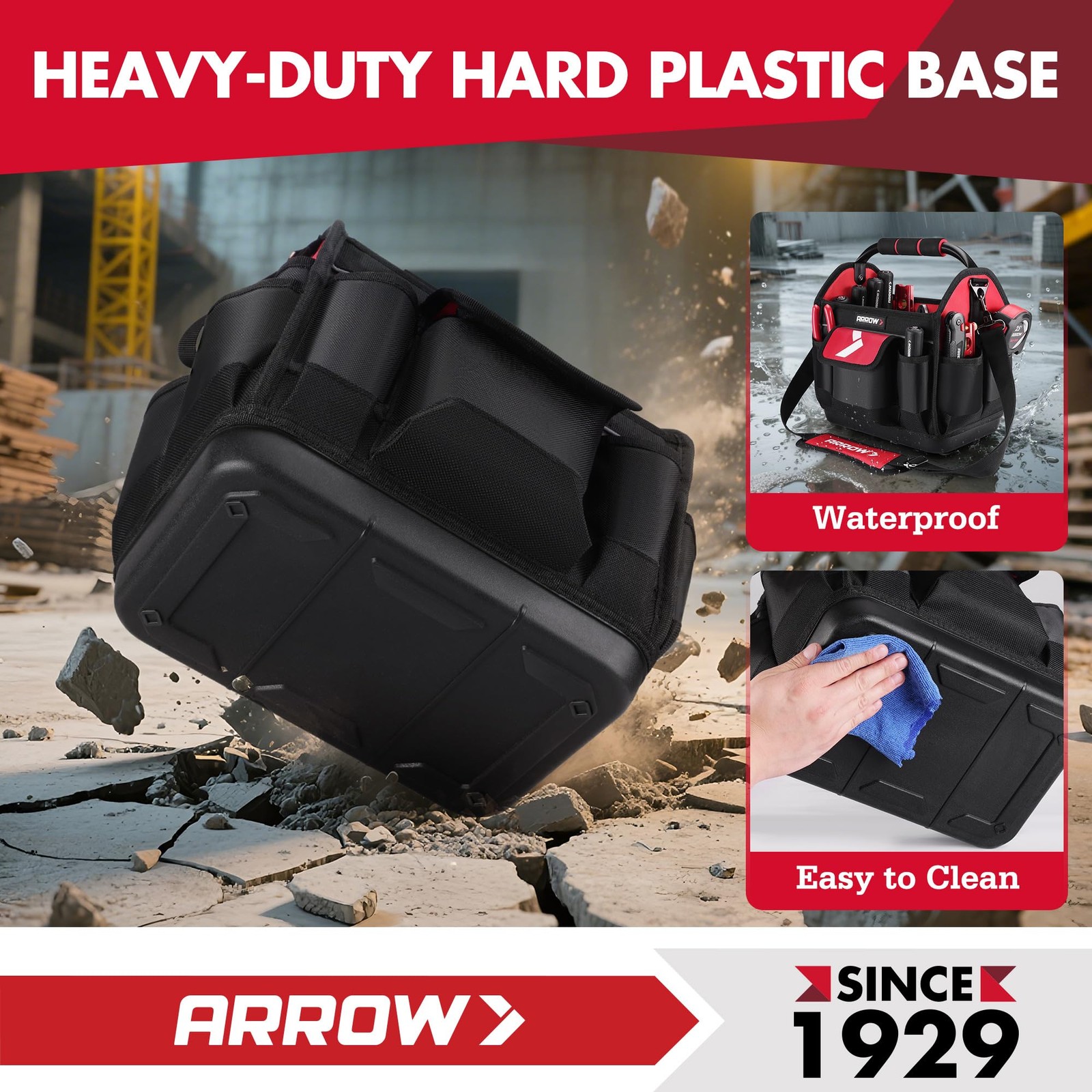 ARROW 12″ Tool Tote with Waterproof Hard Base, Electrician Red & Black