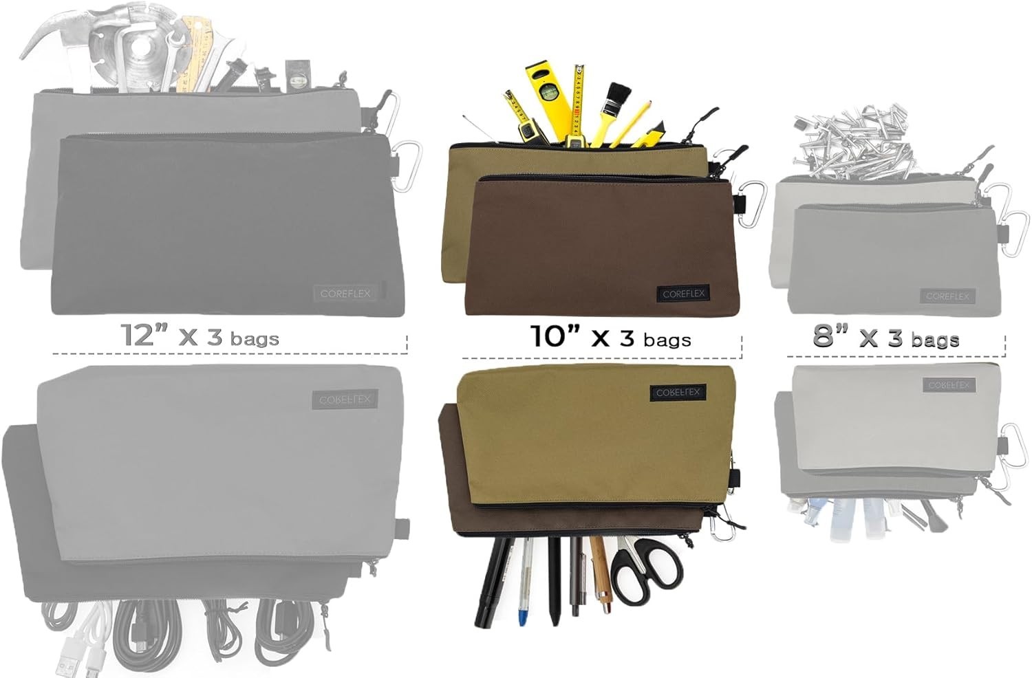Durable YKK Zipper Tool Pouch, 10inch Flat Bottom Multipurpose Bag (3 Pack)