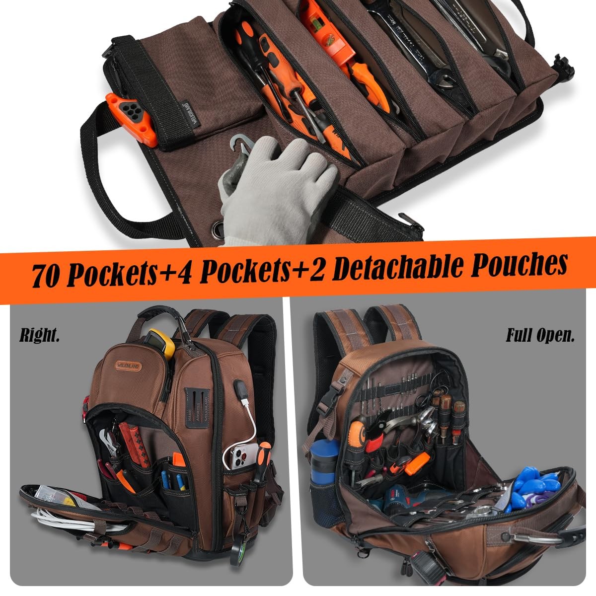 WELKINLAND 70Pockets HVAC Tool Backpack With Tool Roll, 4-Piece Electrical Ba…