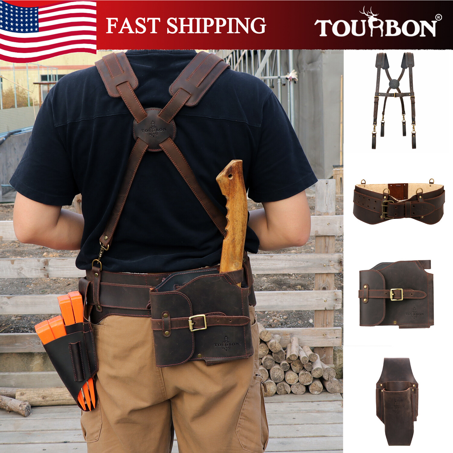 TOURBON Leather Logging Belt Kits Felling Tools Carry Suspenders Adjustable Gift