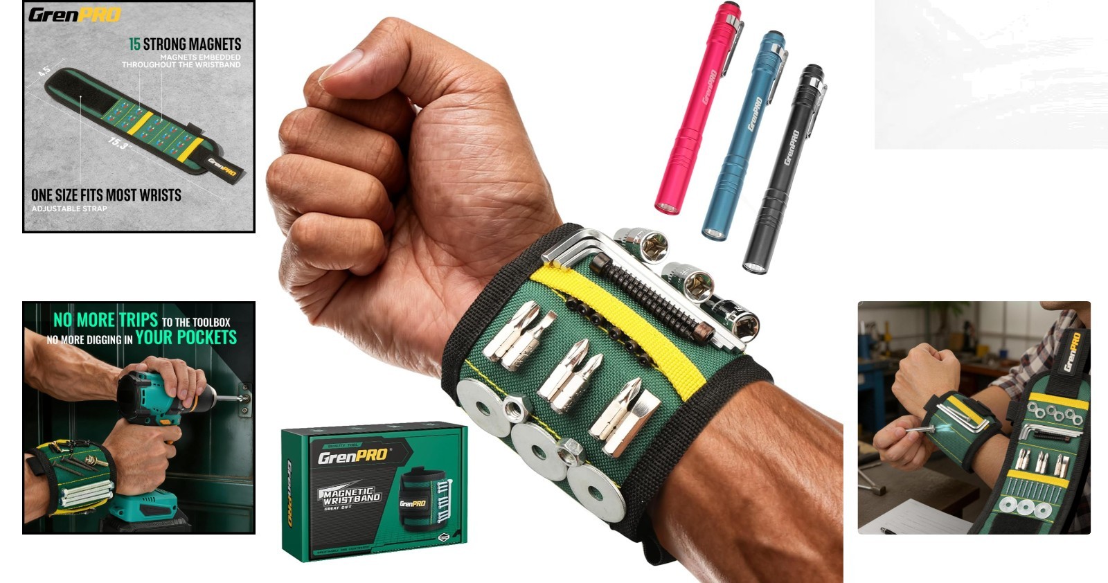 Heavy-Duty Magnetic Tool Wristband with 3 LED Flashlights – Perfect Gift for Men