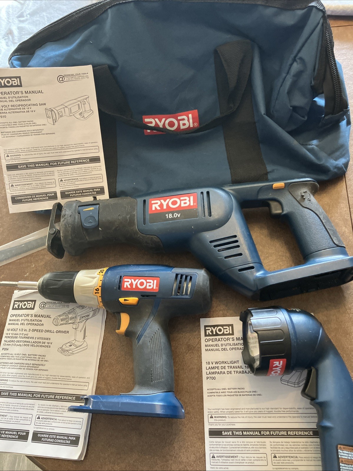 Ryobi Power Tools Drill, Reciprocating Saw & Contractors Bag. TESTED AND WORKS
