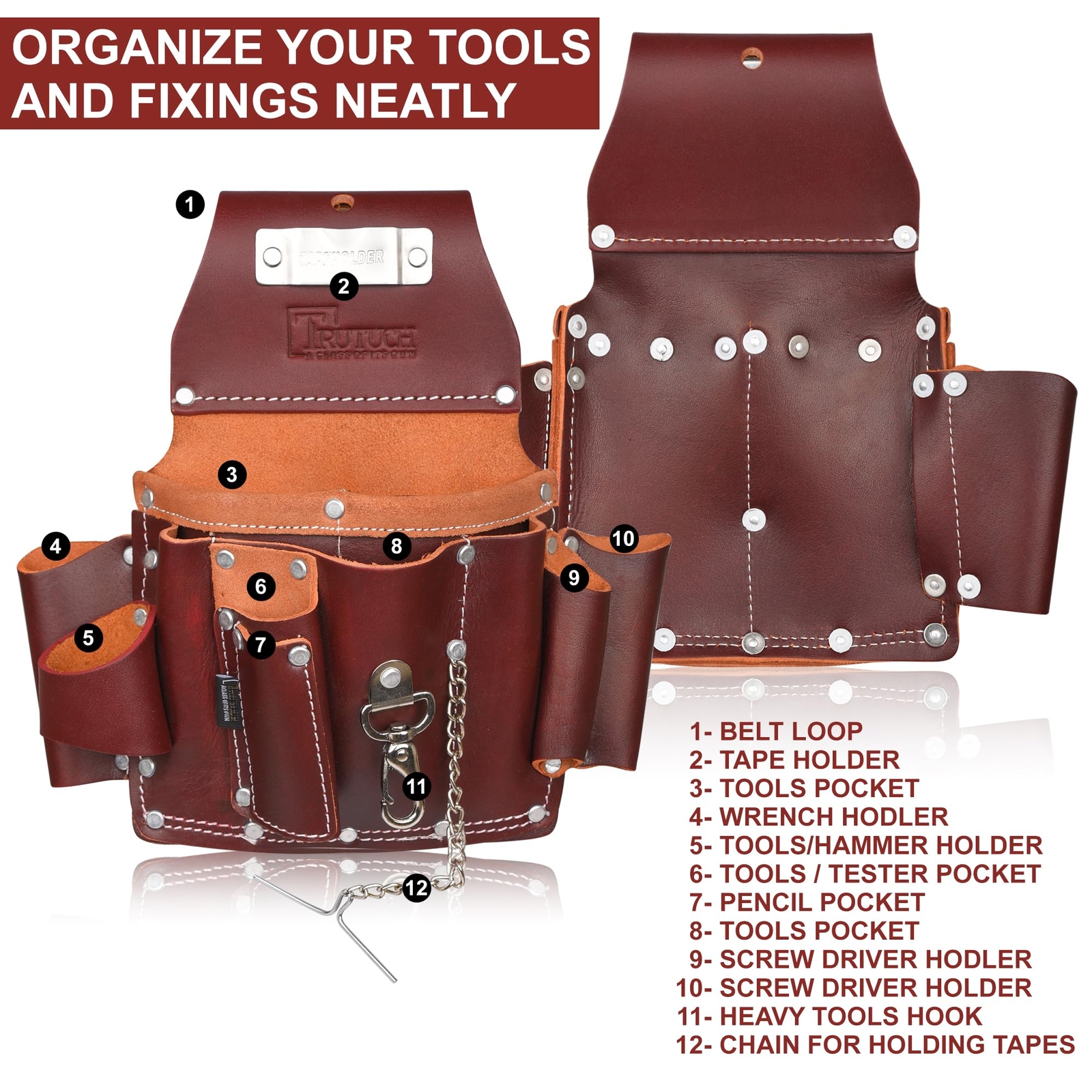 Maroon Grain Leather Electrician’s Tool Pouch | Carpenter Electric Tool Pouch…