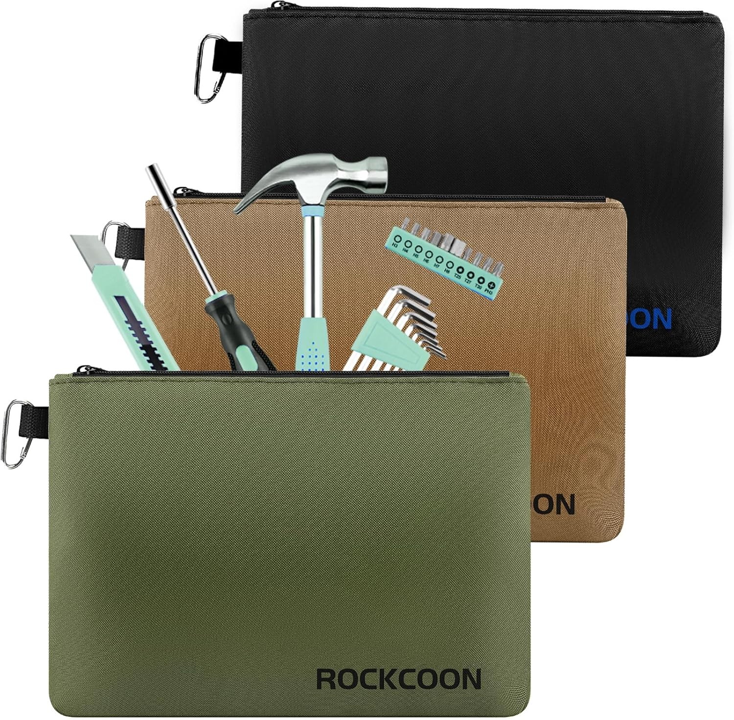 3 Pack Zipper Pouch, Multipurpose Zippers Pouches for Tan, Navy Green, Black