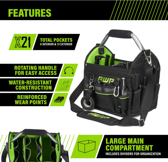 AWP 12″ Pro Tool Tote, Rotating Handle, Water-Resistant, Black/Green