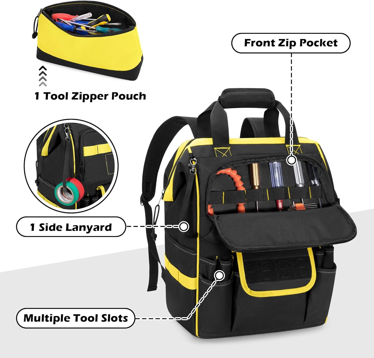 Tool Bag Backpack with Zipper Pouch and Magnetic Attraction Area, Heavy-Duty Too