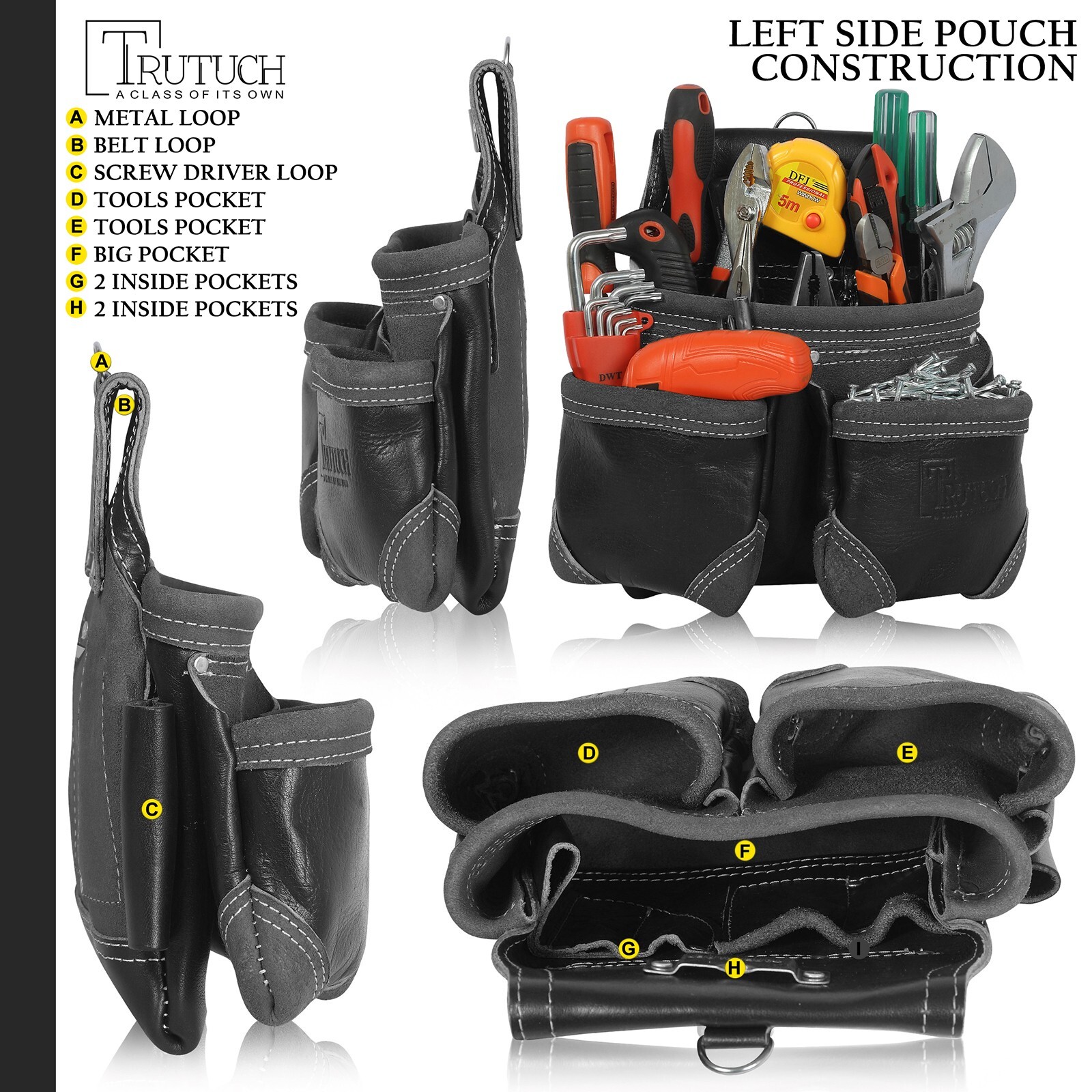 Trutuch Black Leather Tool Belt with Suspender | 18 Pockets | Framers Tool Belt
