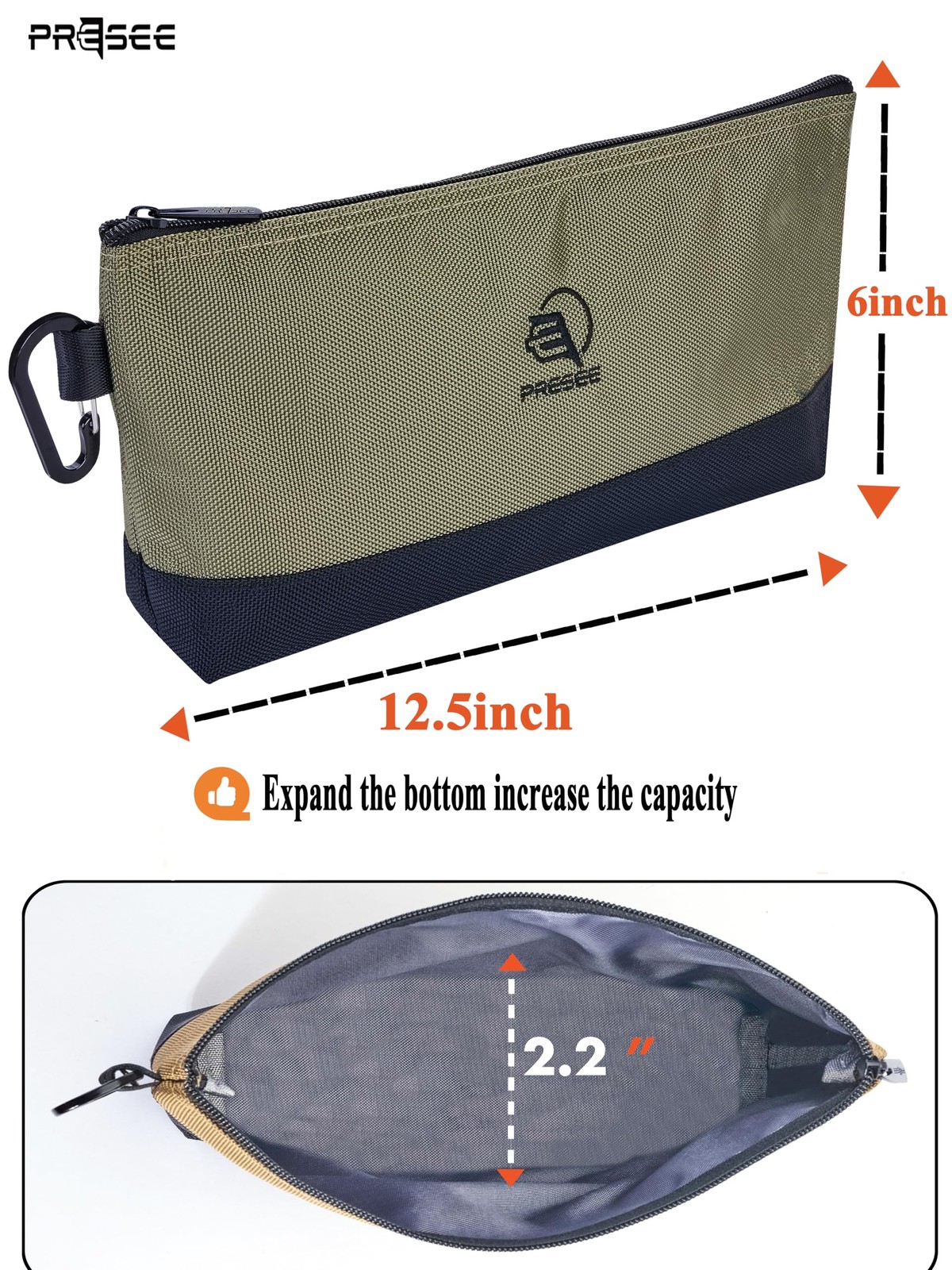 1 PCS Tool Pouch Zipper Stand Up Organizer Bag 1680D Carabiner 12.5 Inch Green