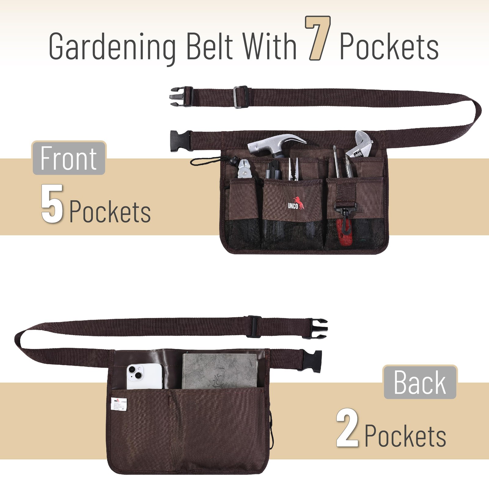 UNCO- Gardening Belt, Garden Tool Belts for Men, Waist Apron 50 inches, Brown