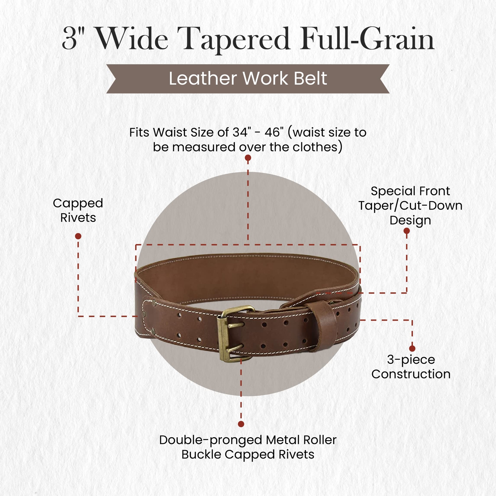 3″ Wide Tapered Fullgrain Leather Work Belt Durable And Rugged Belt Dark Tan 98