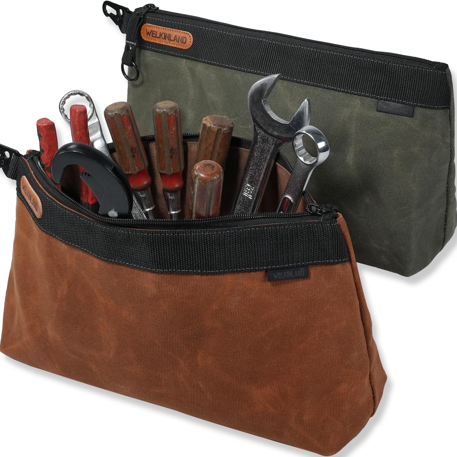 2-Pack Heavy-Duty Waxed Canvas Tool Pouches, 14-Inch Zippered Tool Organizer