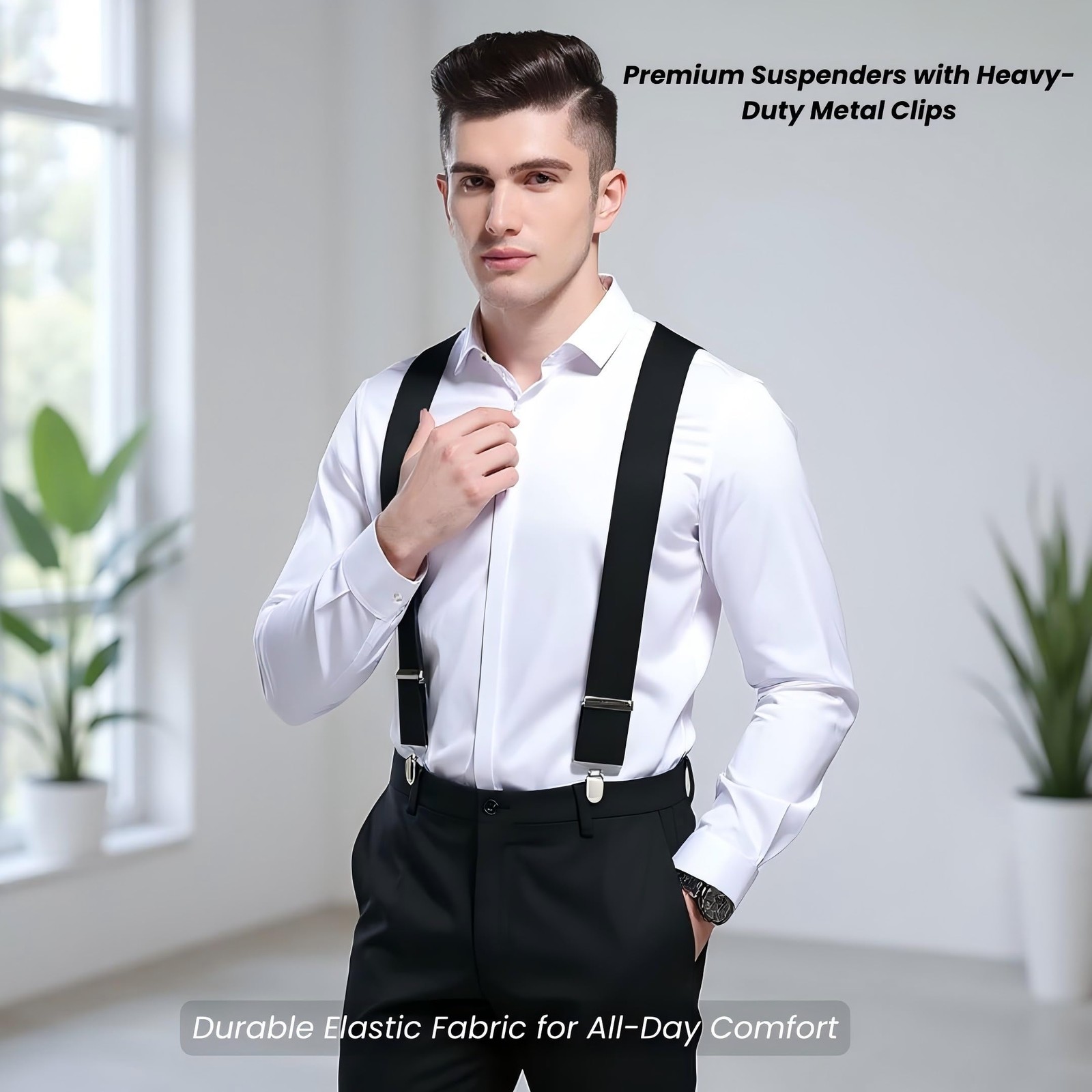 WOXVM Mens Suspenders 2 Inch Wide X-Back Braces with 4 Strong Large, Black