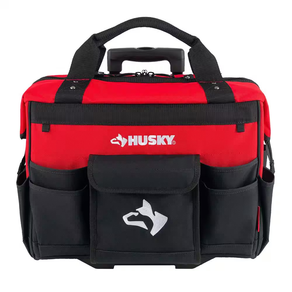 Husky 18in Rolling Tool Bag 18 Pocket Heavy-Duty Telescoping Handle Wheels Red