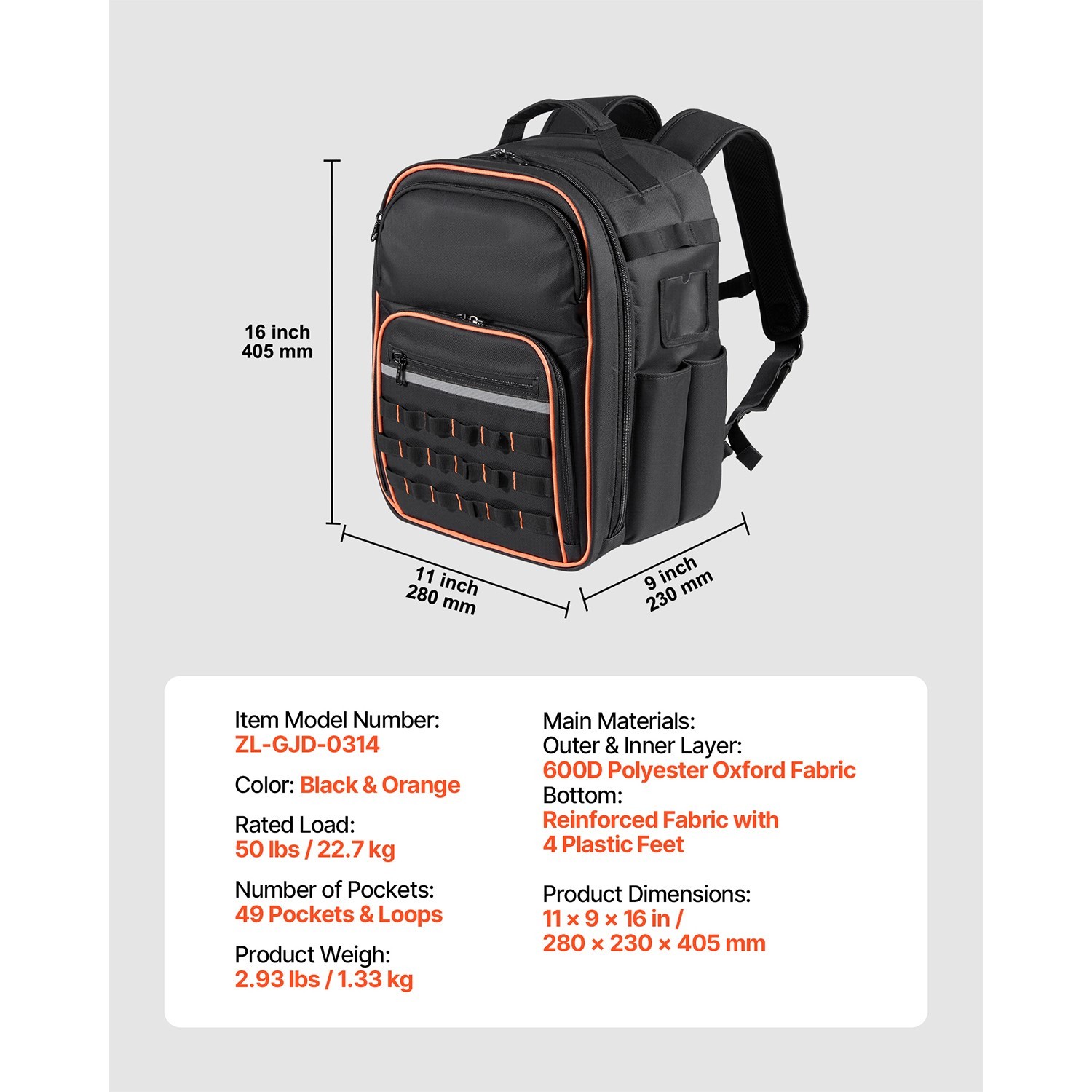 Tool Backpack with 49 Pockets, Durable Storage Organizer for Tools, Work Bag