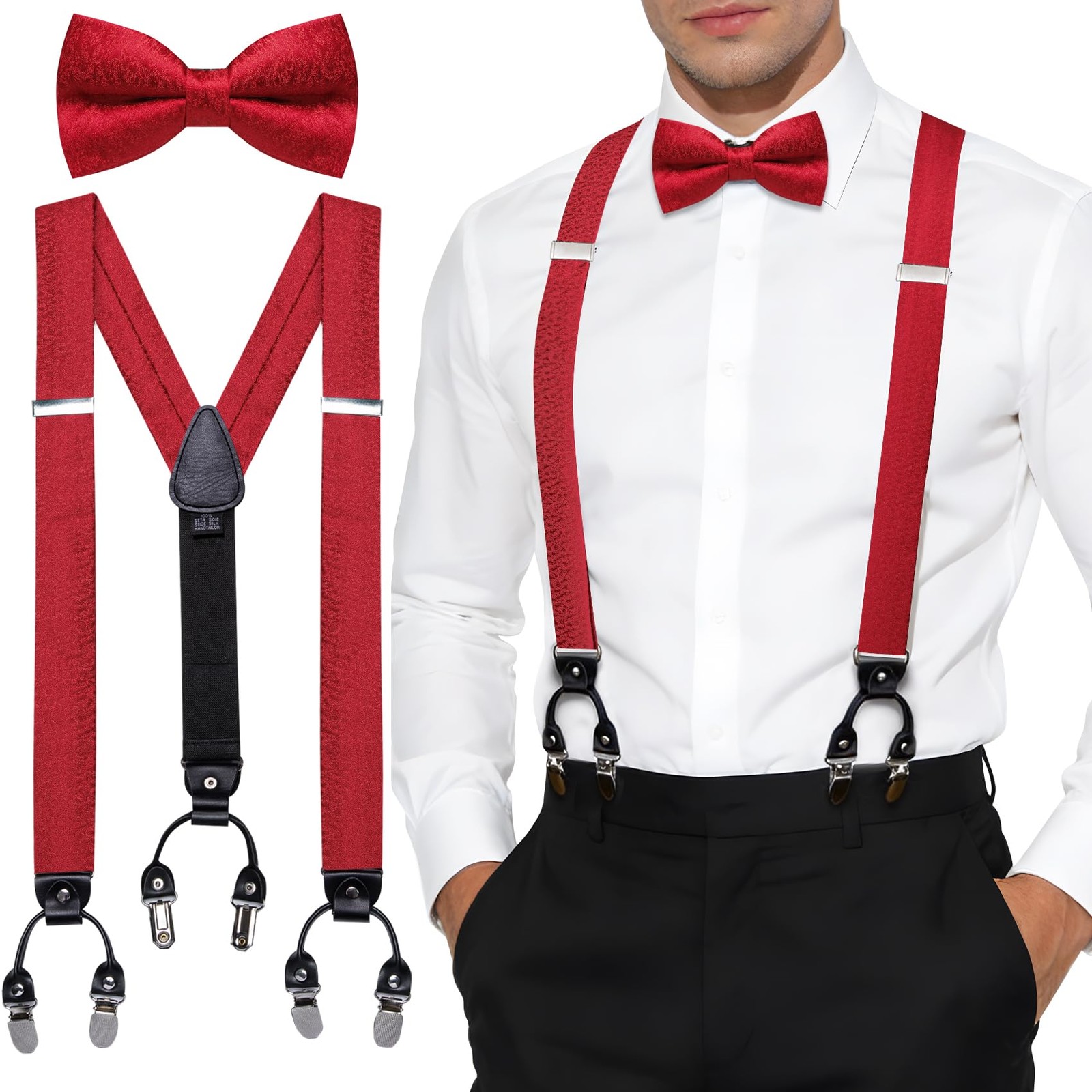 Ailisus Red Bow Tie and Suspenders for Mens Braces Pre-tied One Size,