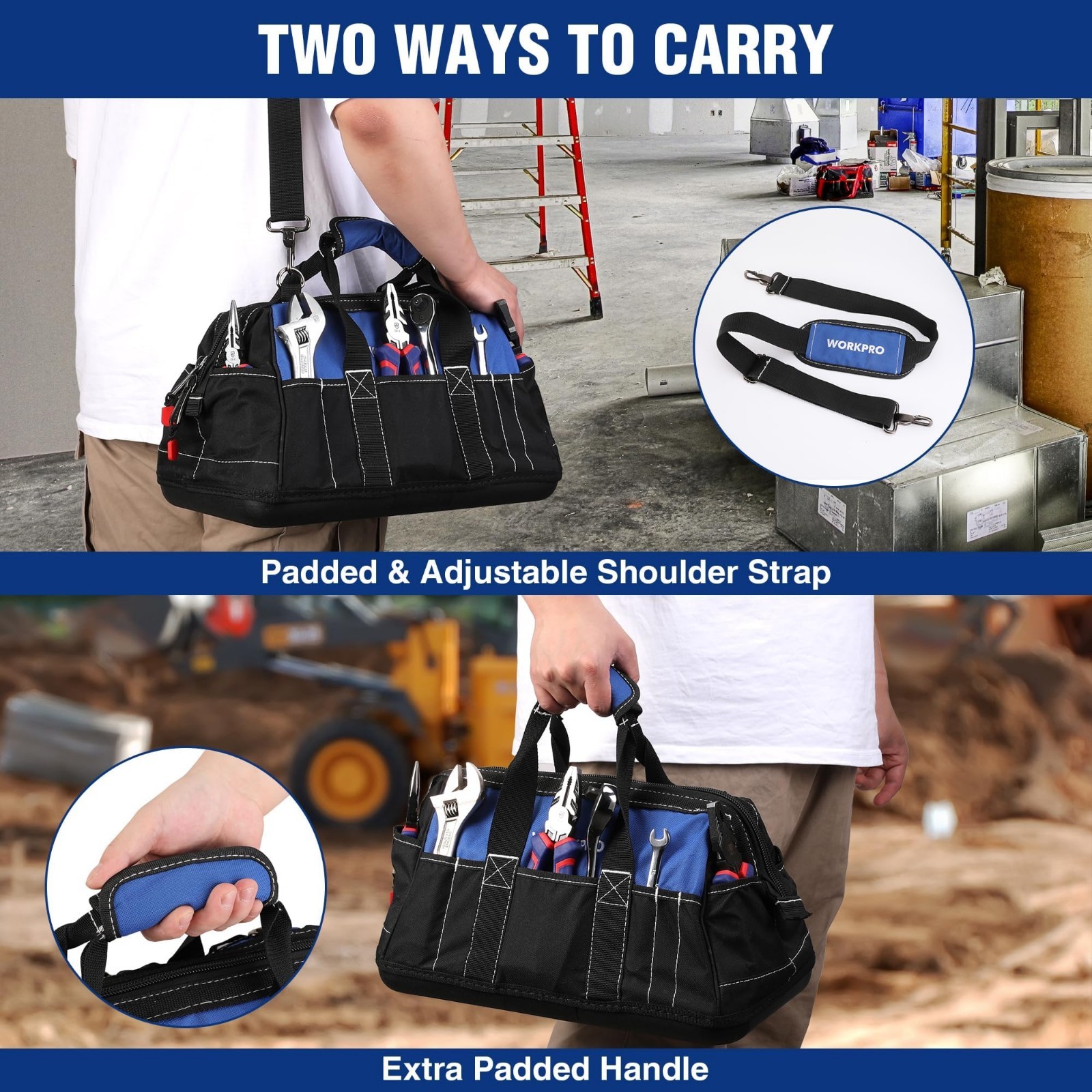 16″ Wide Mouth Tool Bag with Waterproof Base | Multi-Pocket, Heavy Duty, Adjusta